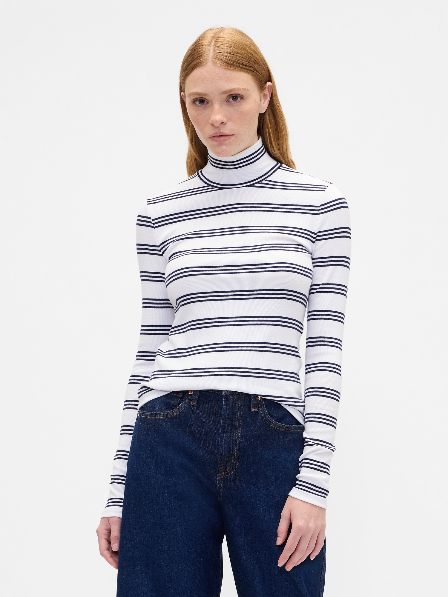 Ribbed Turtleneck T-Shirt - Navy White Stripe