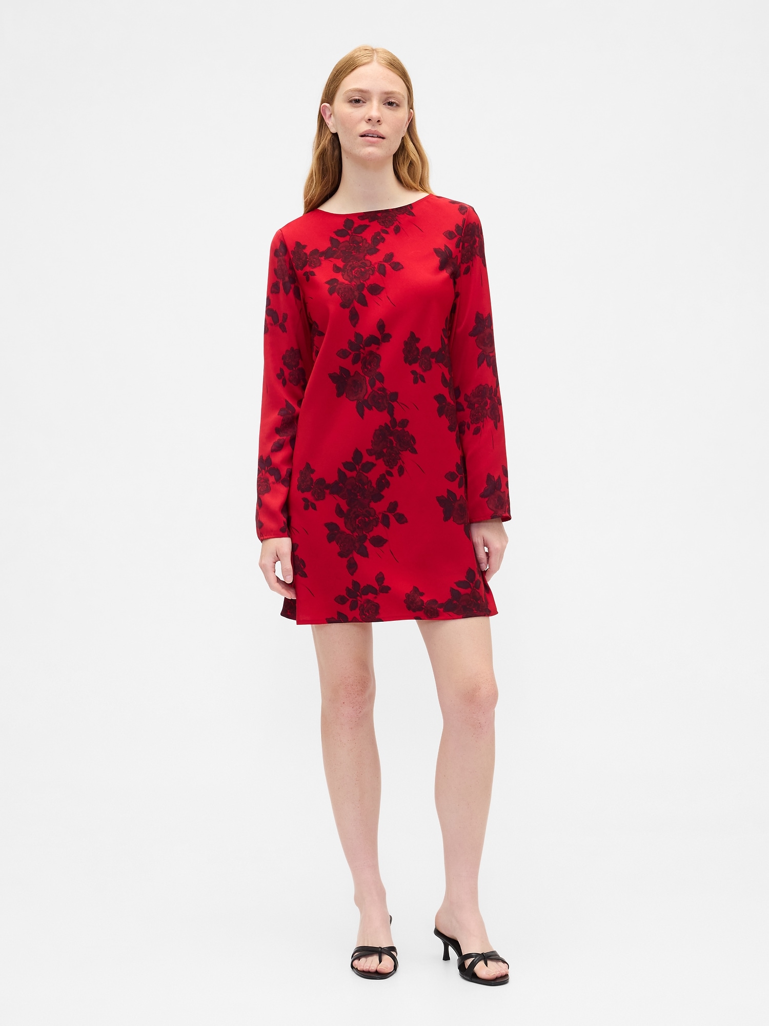Satin Boatneck Mini Dress - Red Floral Print