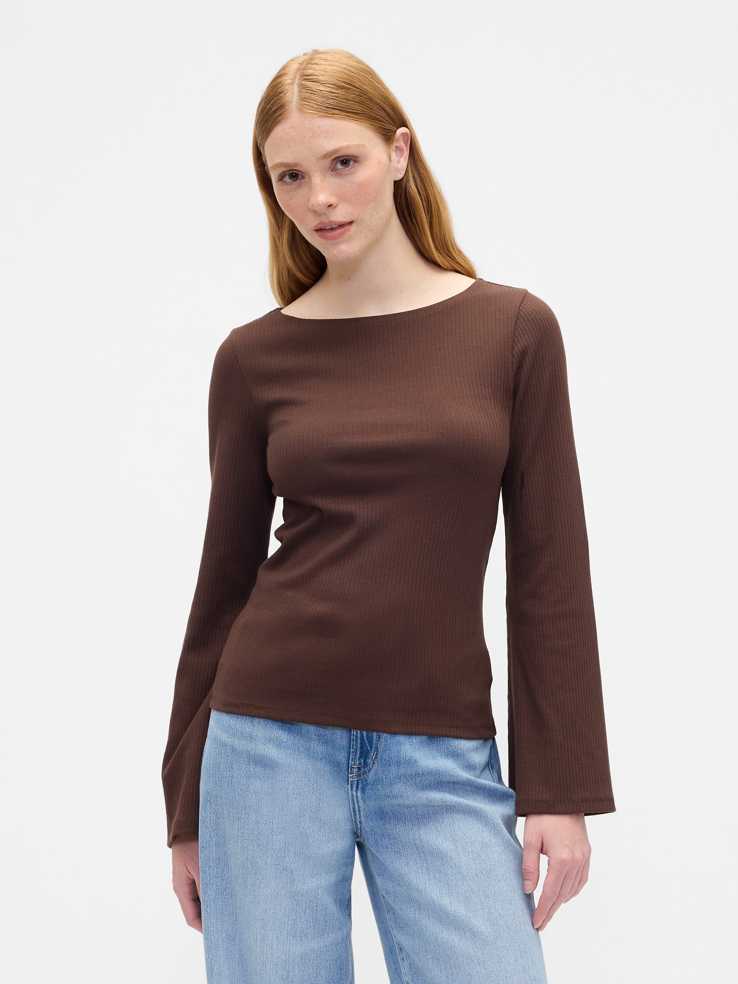 Velour Bell Sleeve Boatneck T-Shirt - Dark Brown