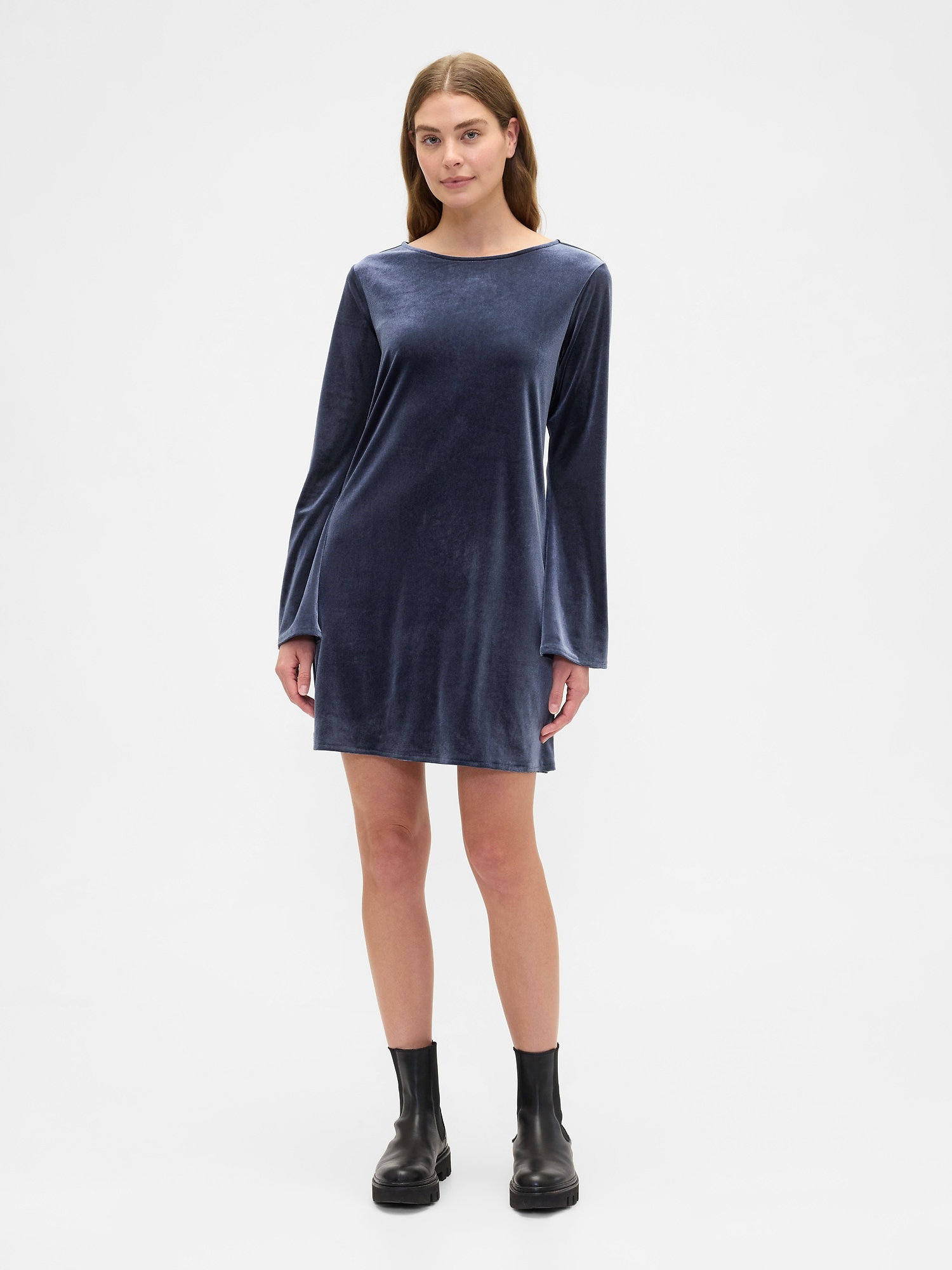Satin Boatneck Mini Dress - Blue Ridge