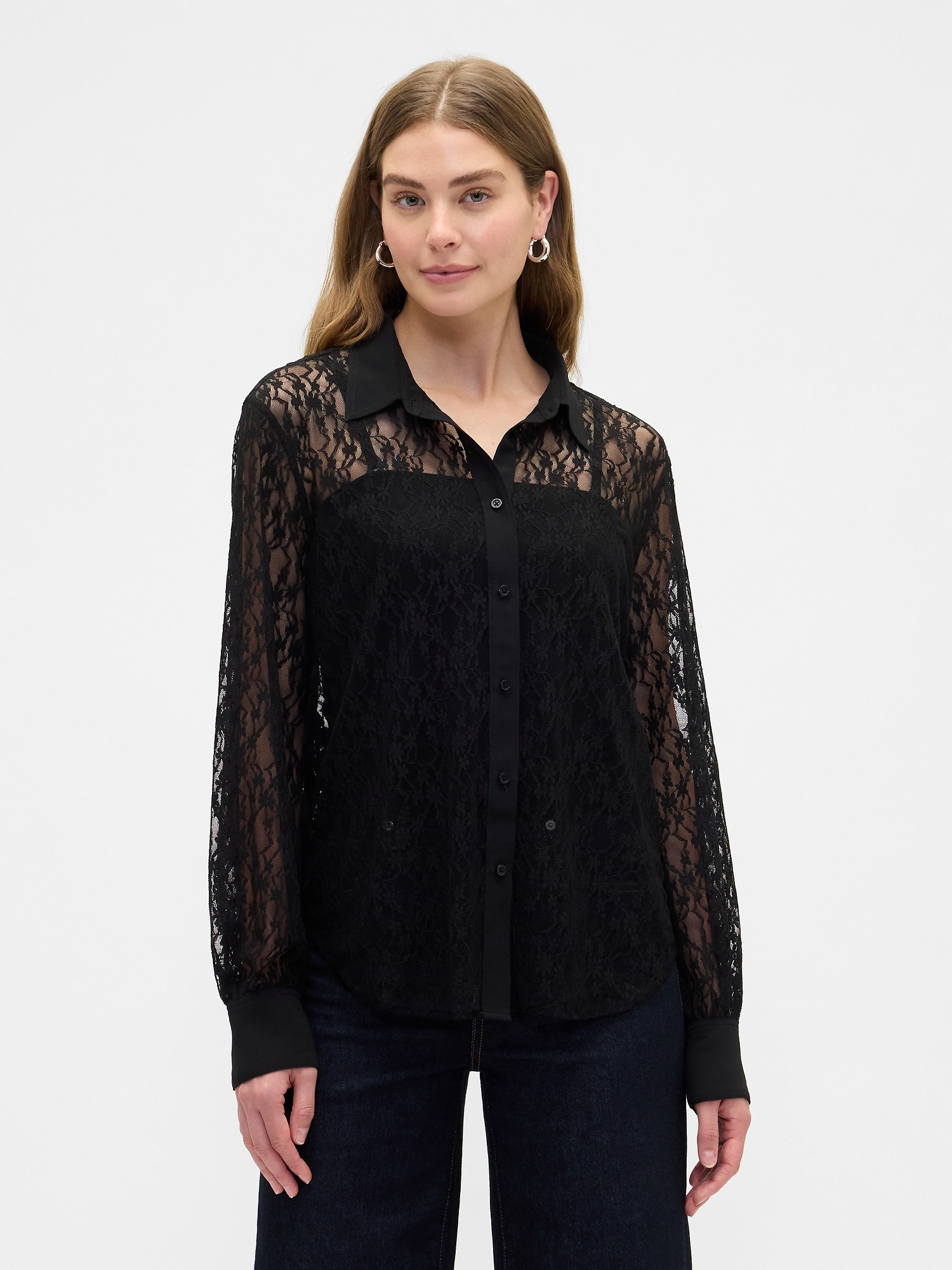Relaxed Sheer Lace Shirt - Black