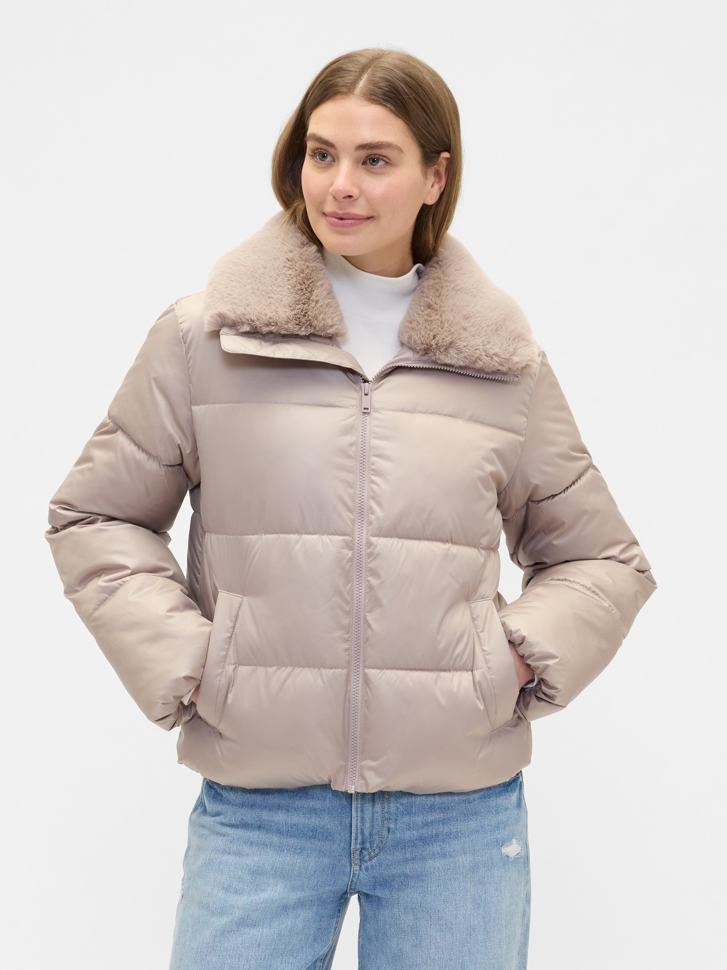 100% Recycled Relaxed Short Puffer Jacket - Quail