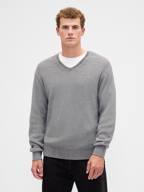 Relaxed Ribbed V-Neck Sweater