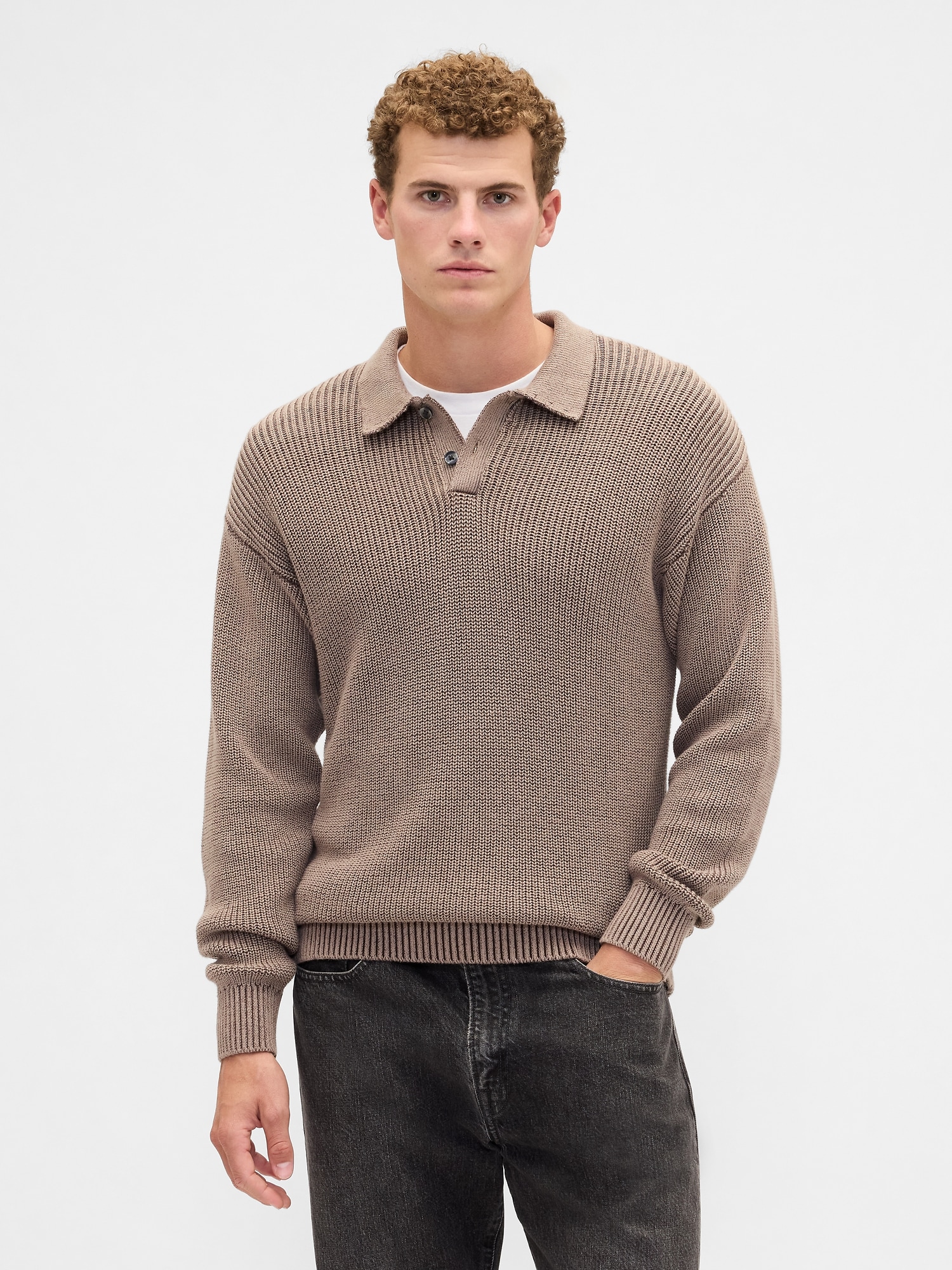 Relaxed Ribbed Sweater Polo Shirt
