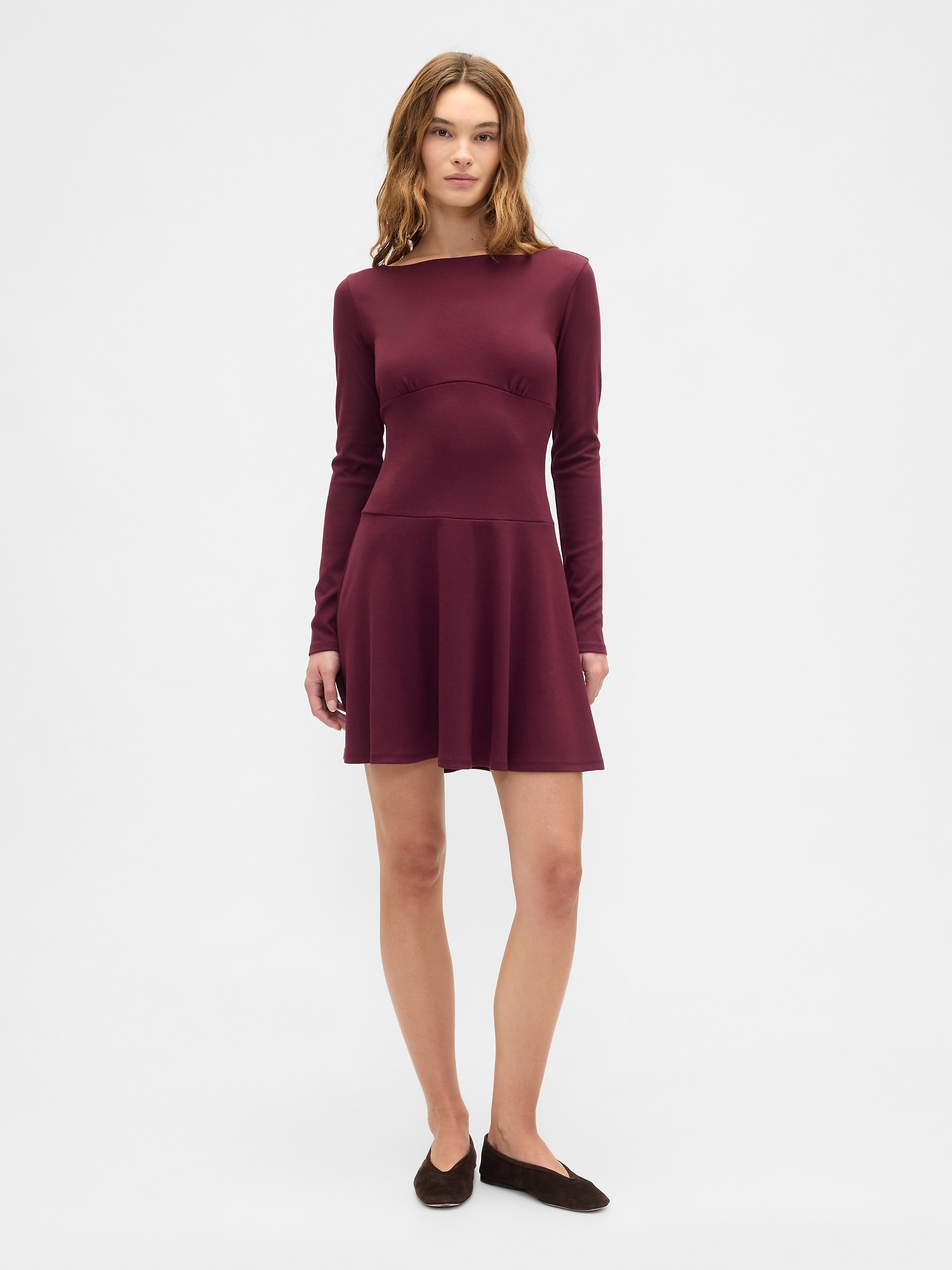 Modern Ribbed Boatneck Mini Dress - Tuscan Red