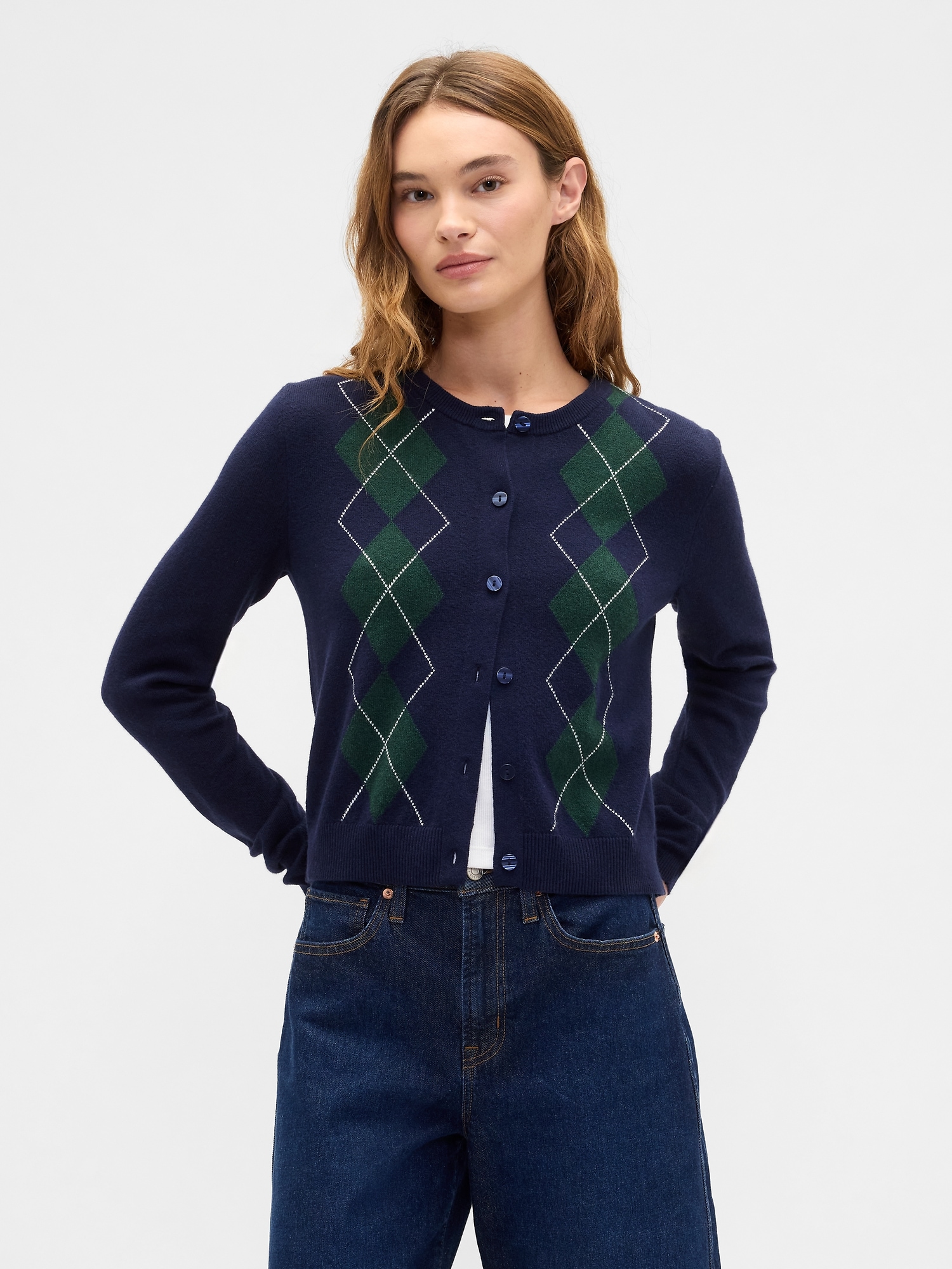 CashSoft Argyle Crewneck Cardigan - Navy Uniform