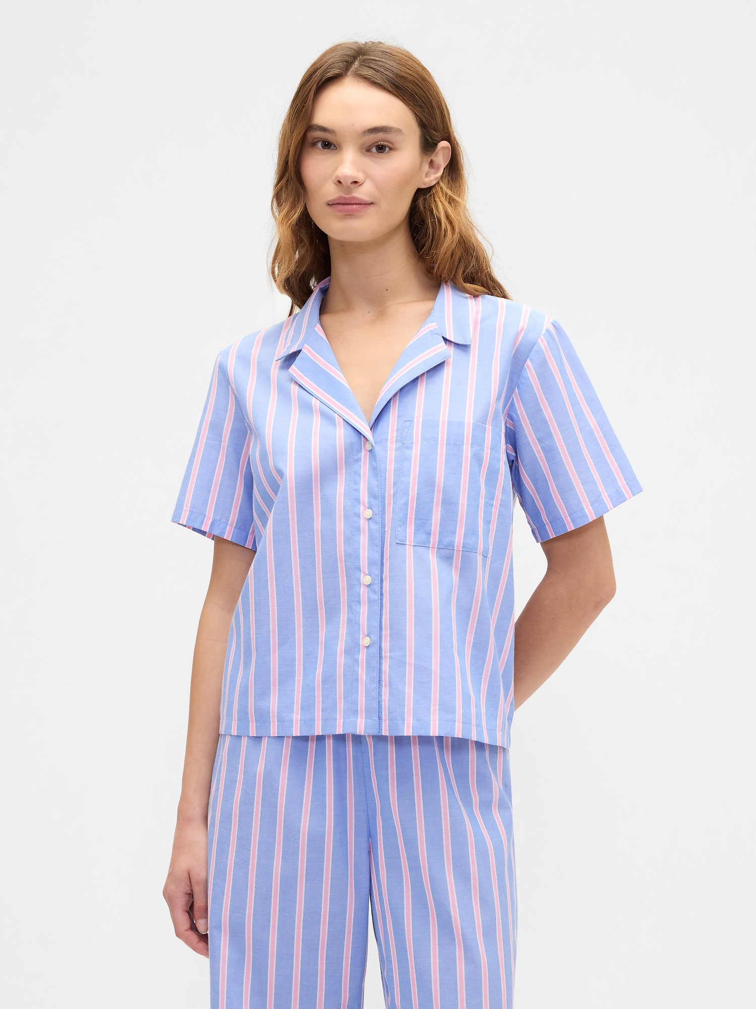 Print Poplin PJ Shirt - Blue Pink Stripe