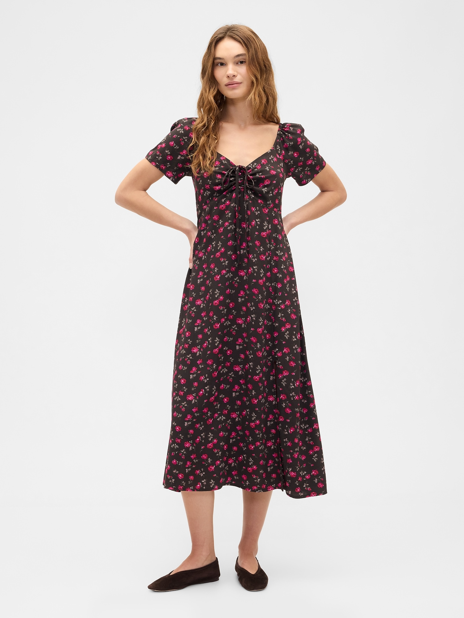 Puff Sleeve Midi Dress - Brown Floral