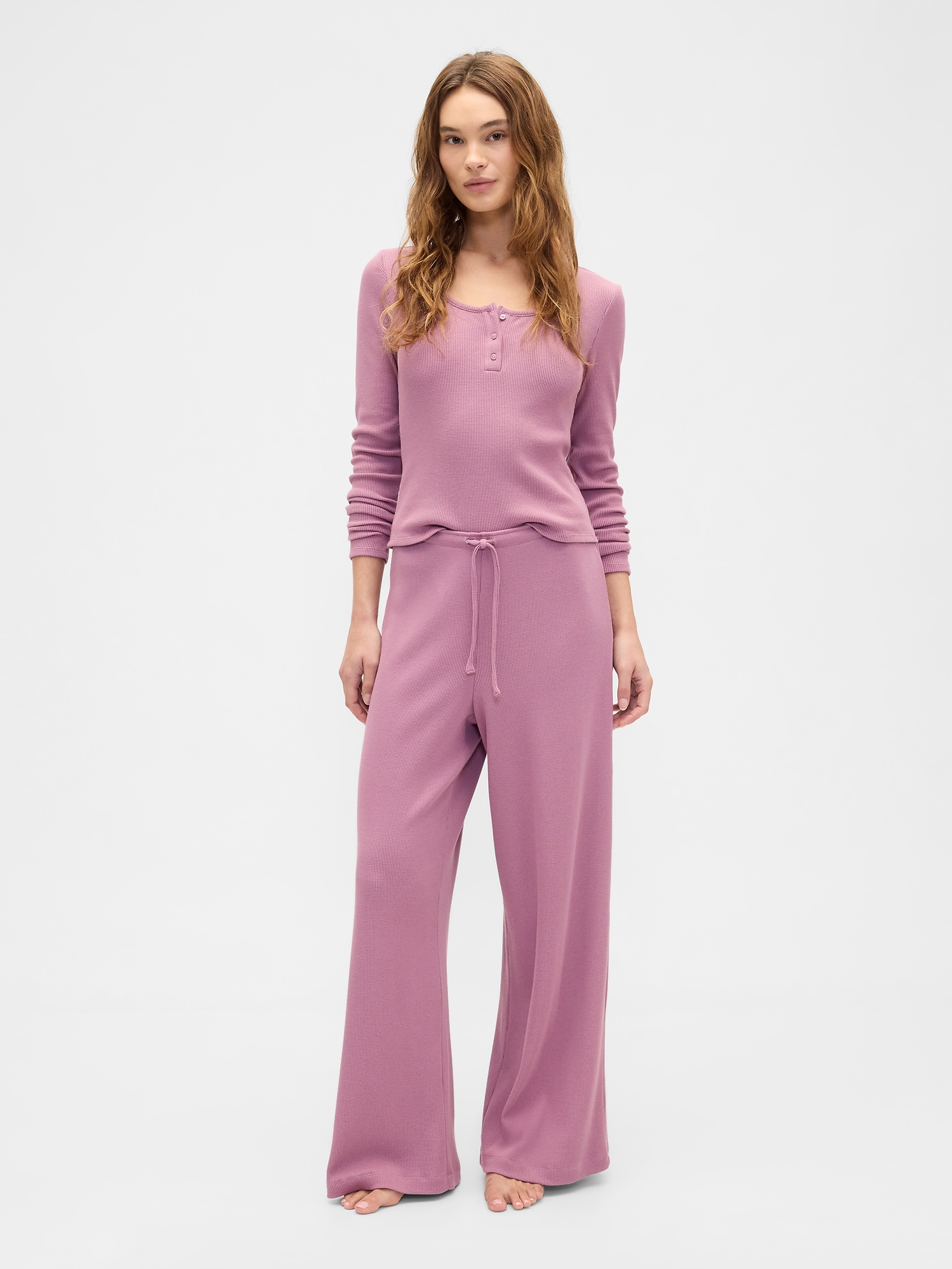 Waffle-Knit Wide-Leg PJ Pants - Dusky Orchid