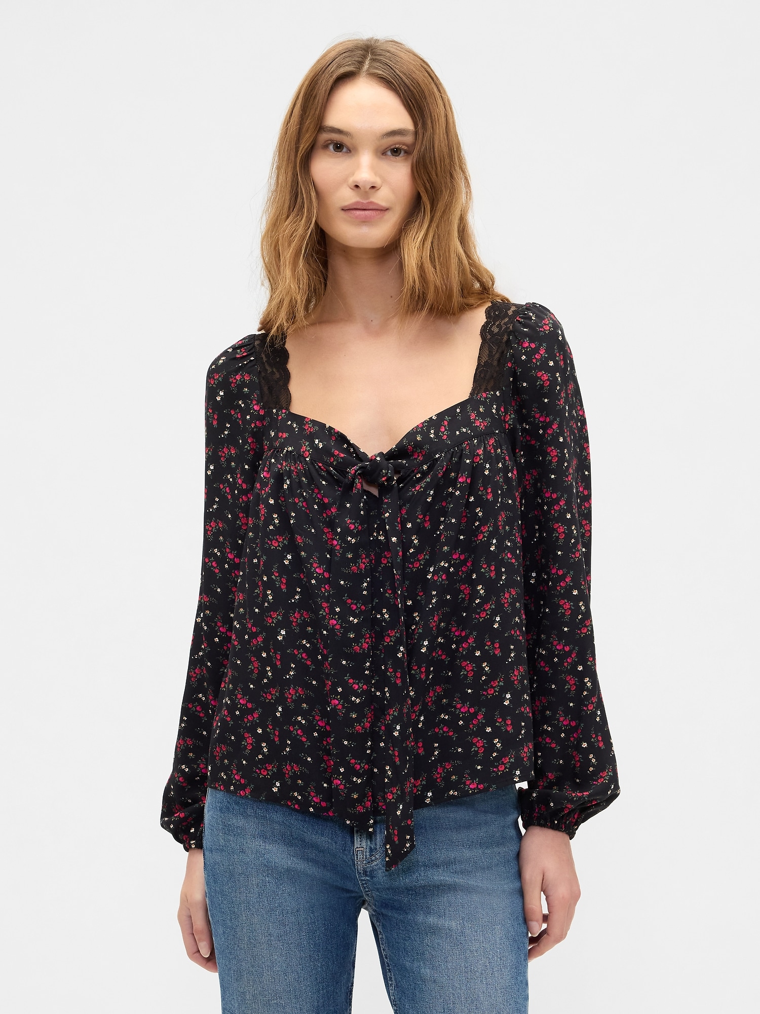 Oversized Lace-Trim Top - Black