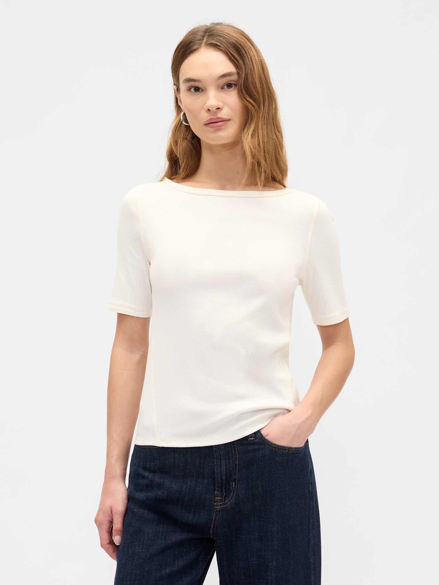 Modern Ribbed Boatneck T-Shirt - Ivory Cream Frost