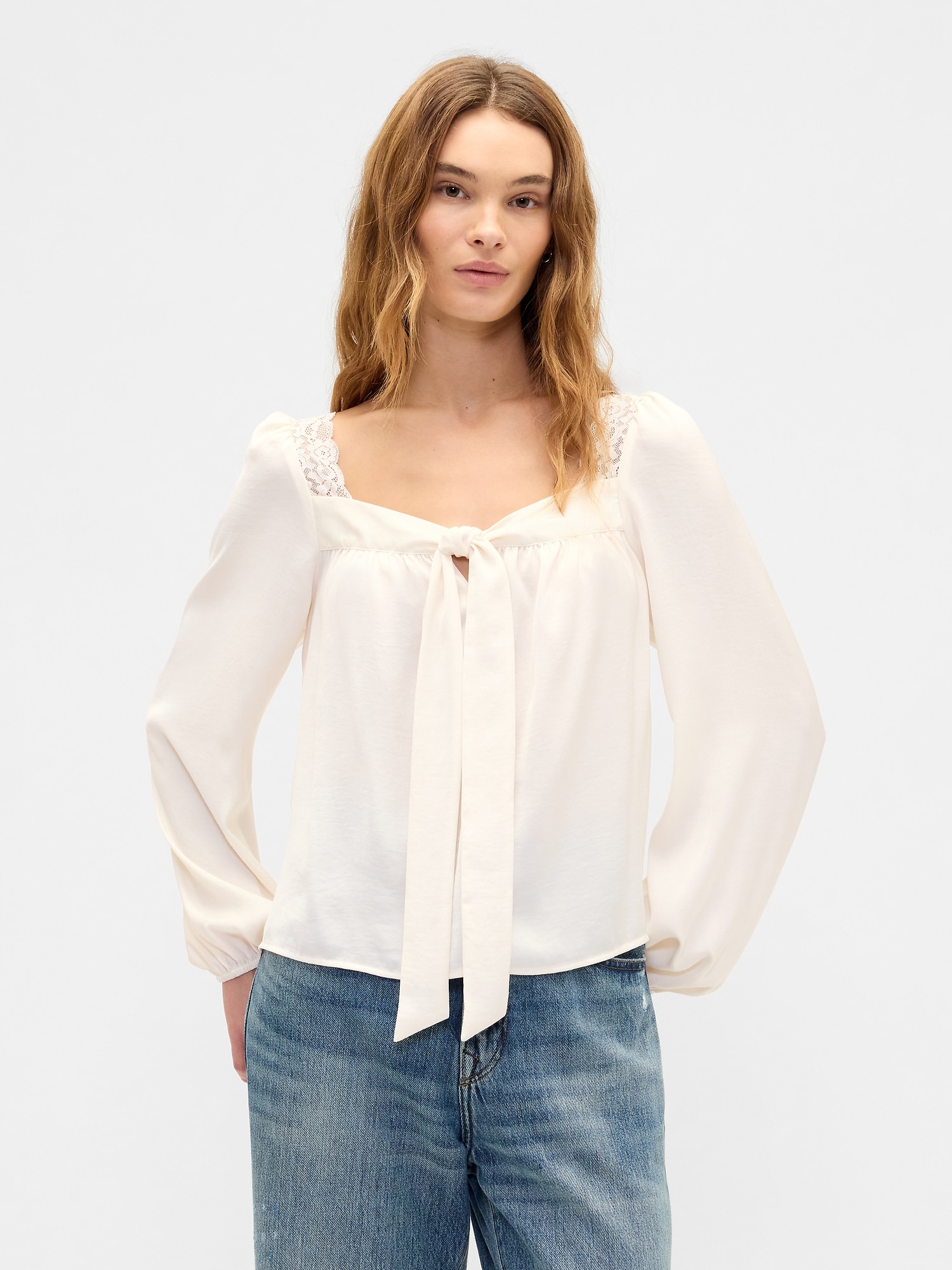 Oversized Lace-Trim Top - Ivory Cream Frost