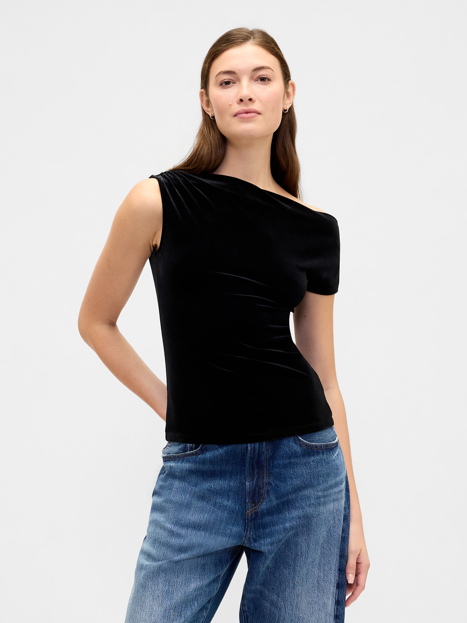 Velour One-Shoulder Top - Black