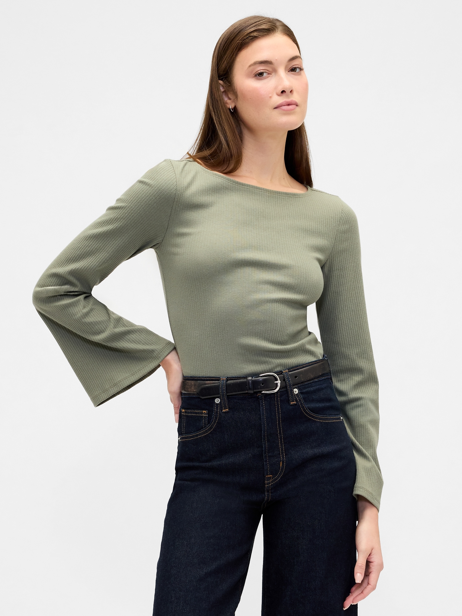 Velour Bell Sleeve Boatneck T-Shirt - Mesculen Green