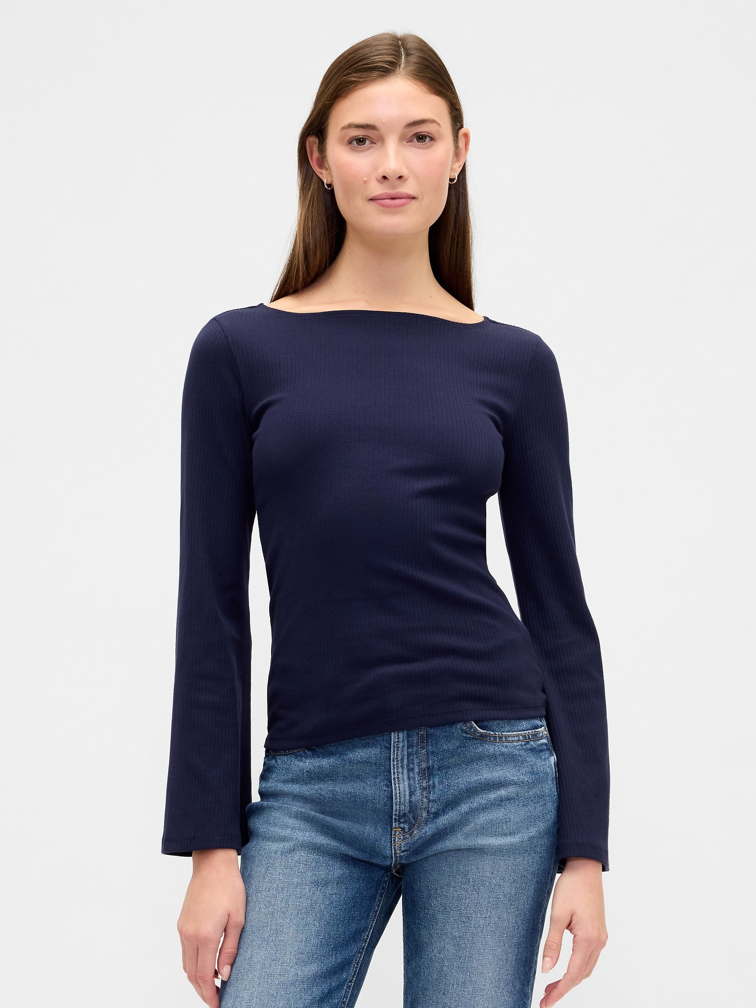 Velour Bell Sleeve Boatneck T-Shirt - Navy Uniform