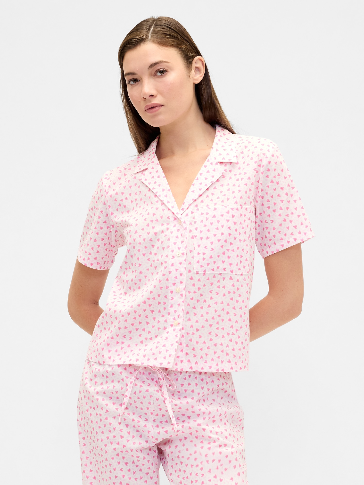 Print Poplin PJ Shirt - Family Ditsy Pink Hearts