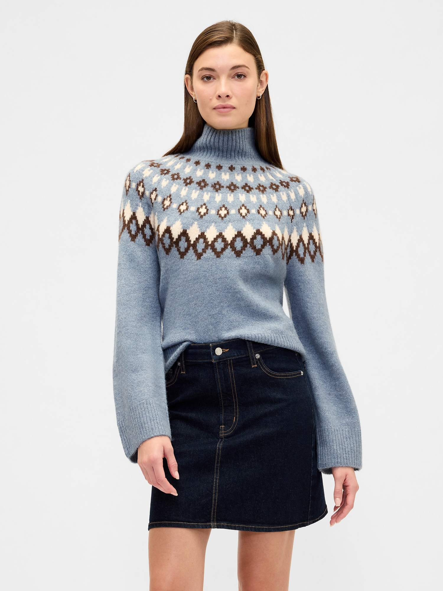 Relaxed Fair Isle Mockneck Sweater - Mineral Blue