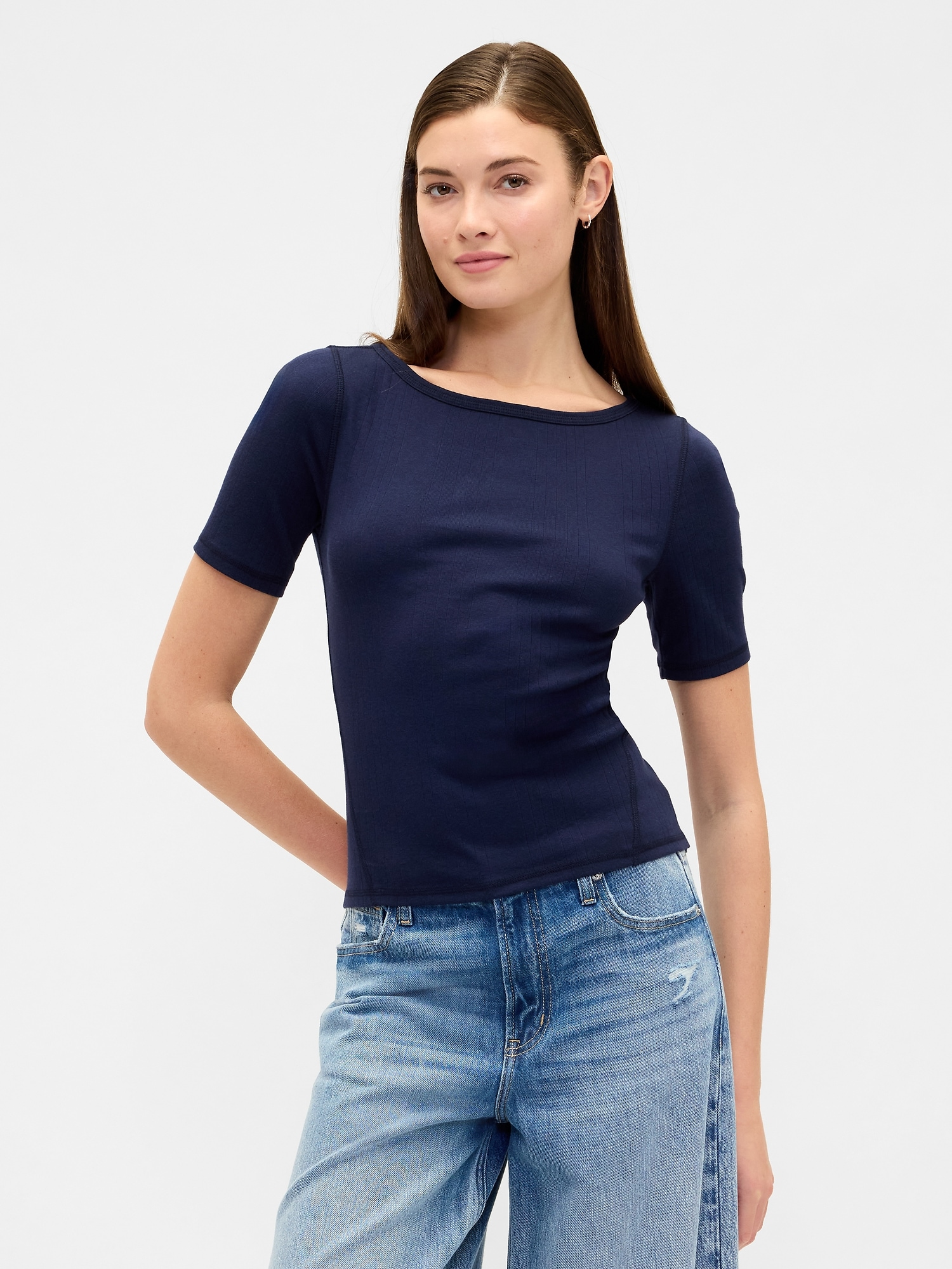 Modern Ribbed Boatneck T-Shirt - Navy Uniform