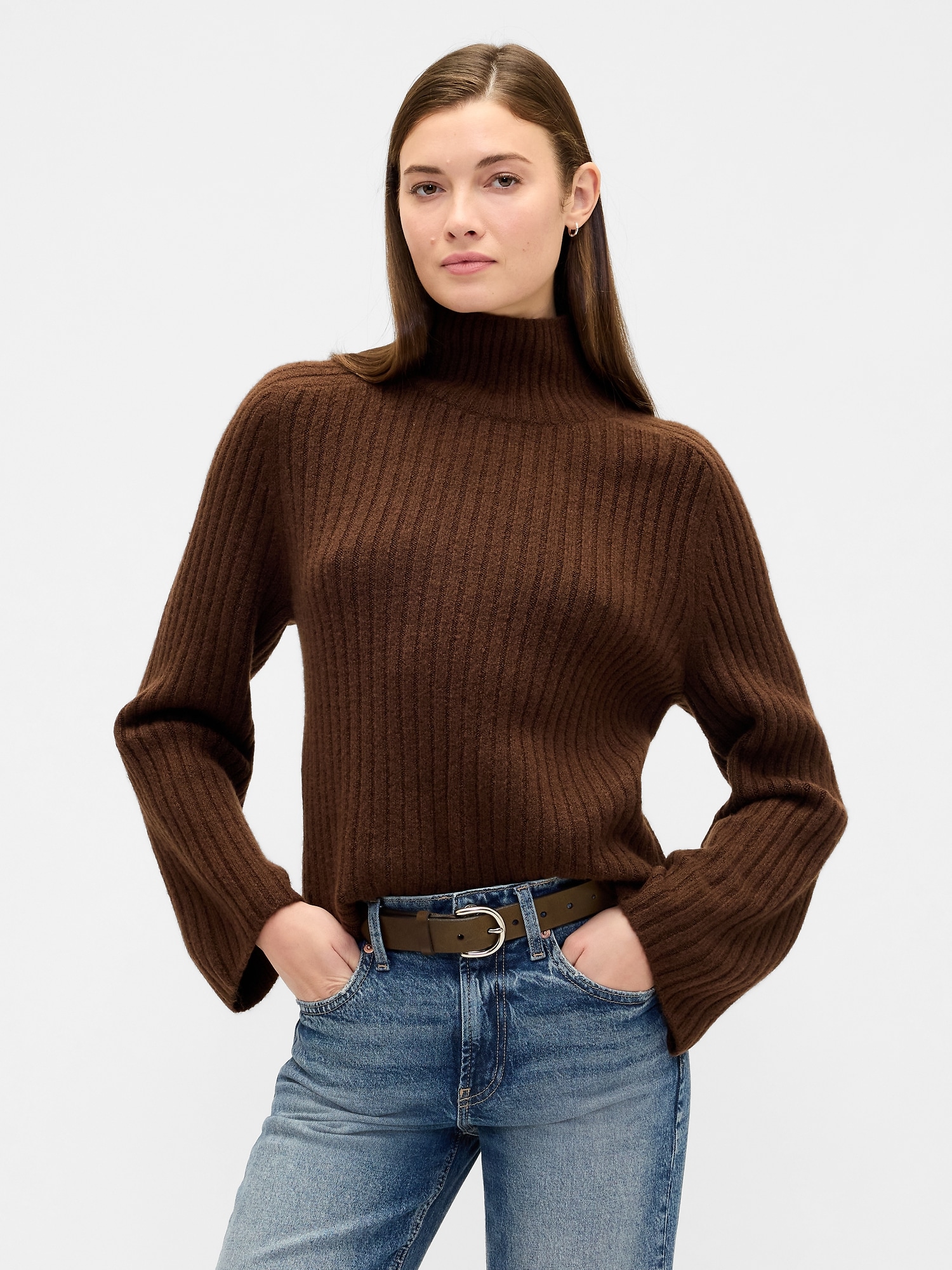 Relaxed Ribbed Mockneck Sweater - Dark Brown