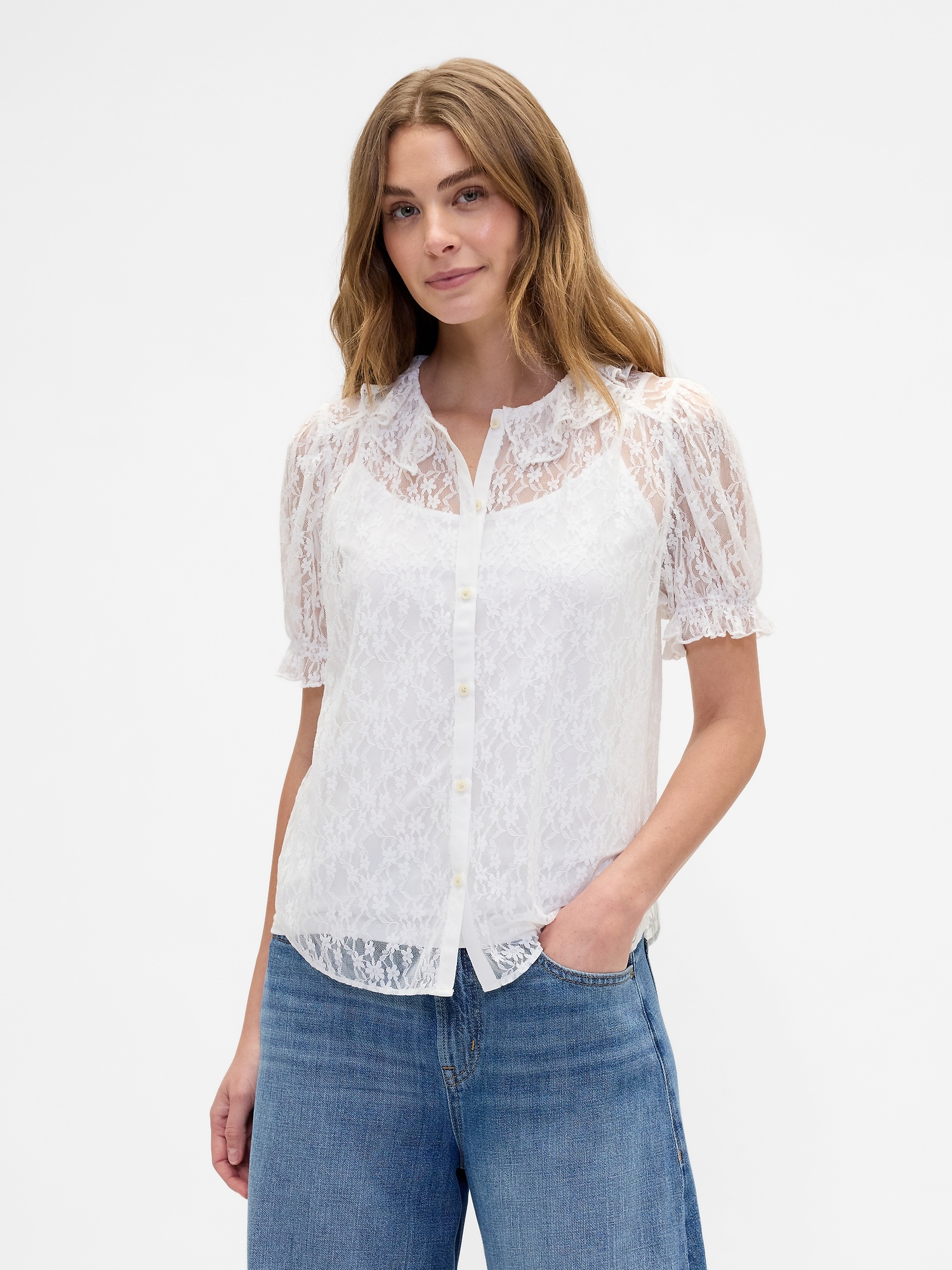 Lace Puff Sleeve Top - New Off White