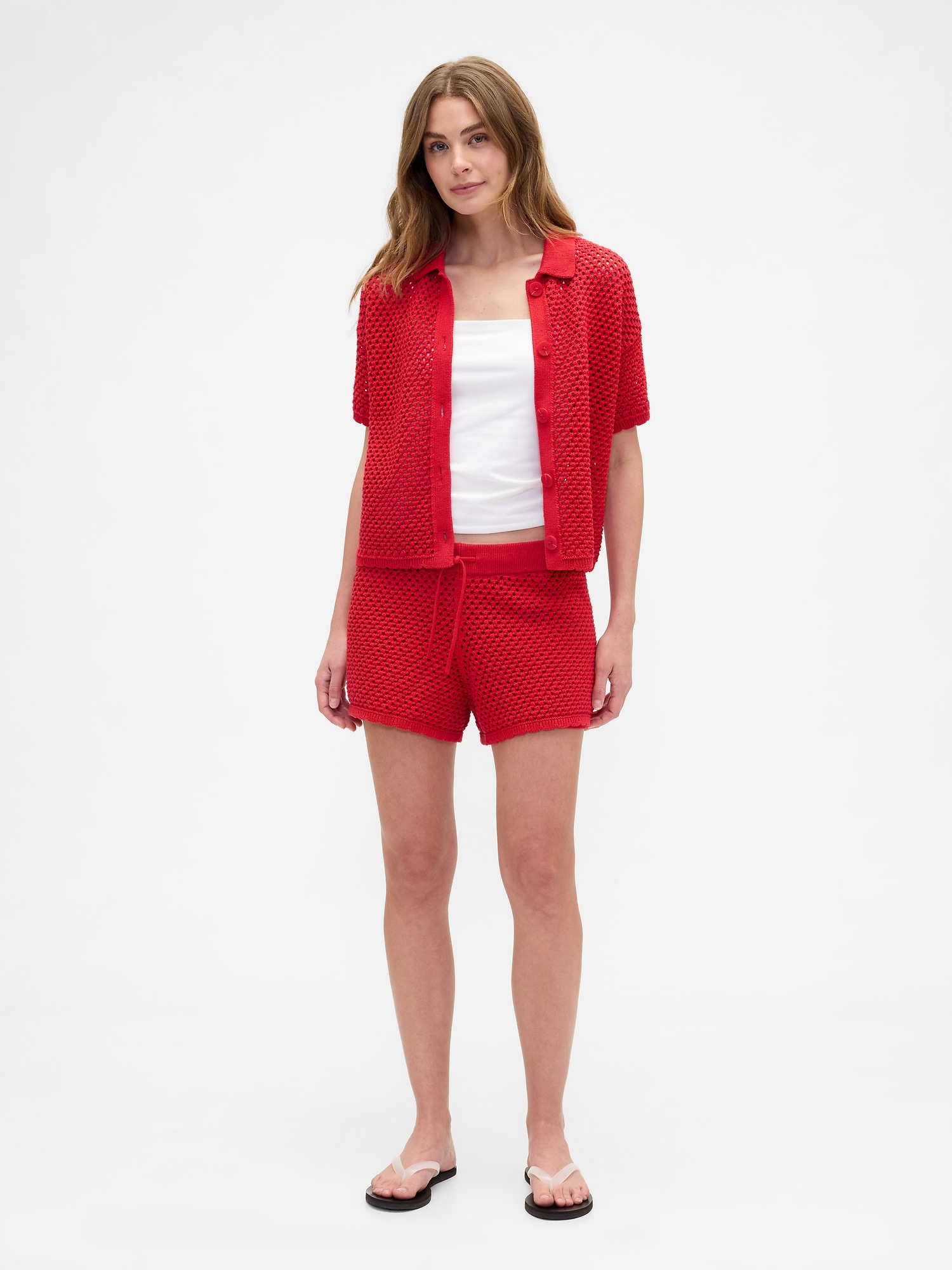 Relaxed Pull-On Open-Stitch Sweater Shorts - Modern Red
