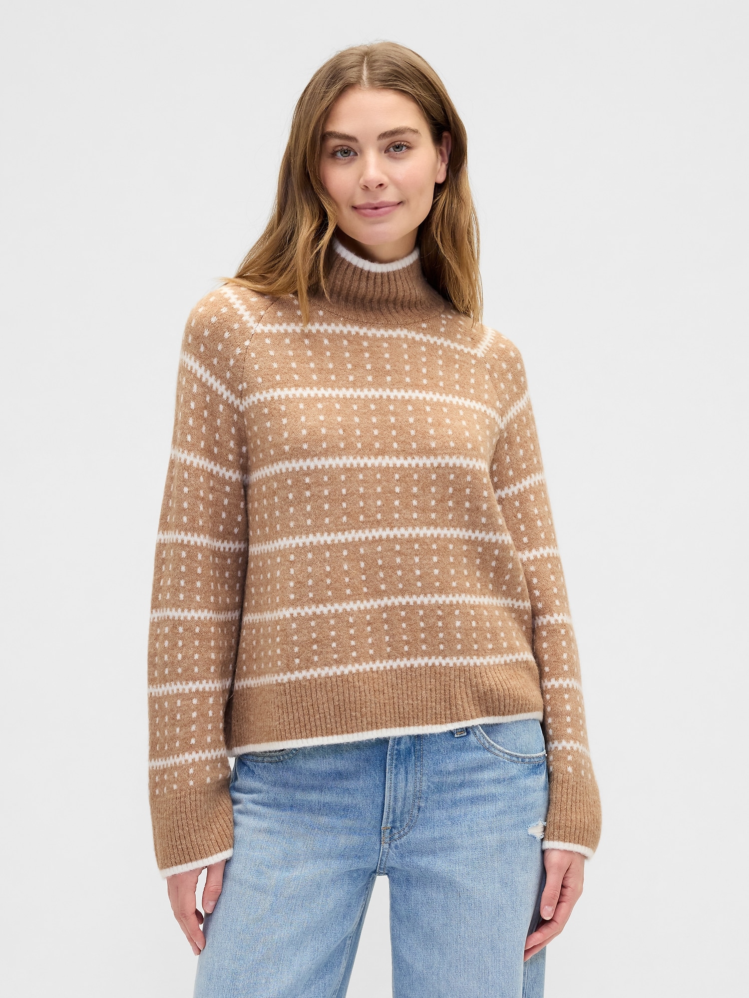 Relaxed Fair Isle Mockneck Sweater - Camel Hair Brown