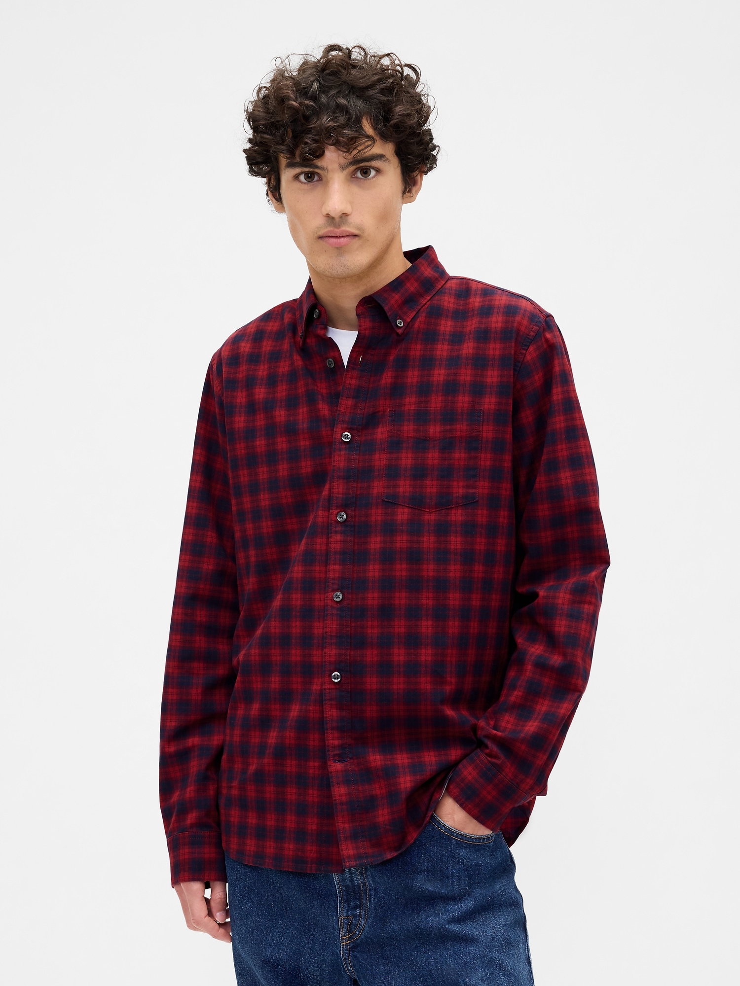 Oxford Shirt in Standard Fit - Red Navy Plaid