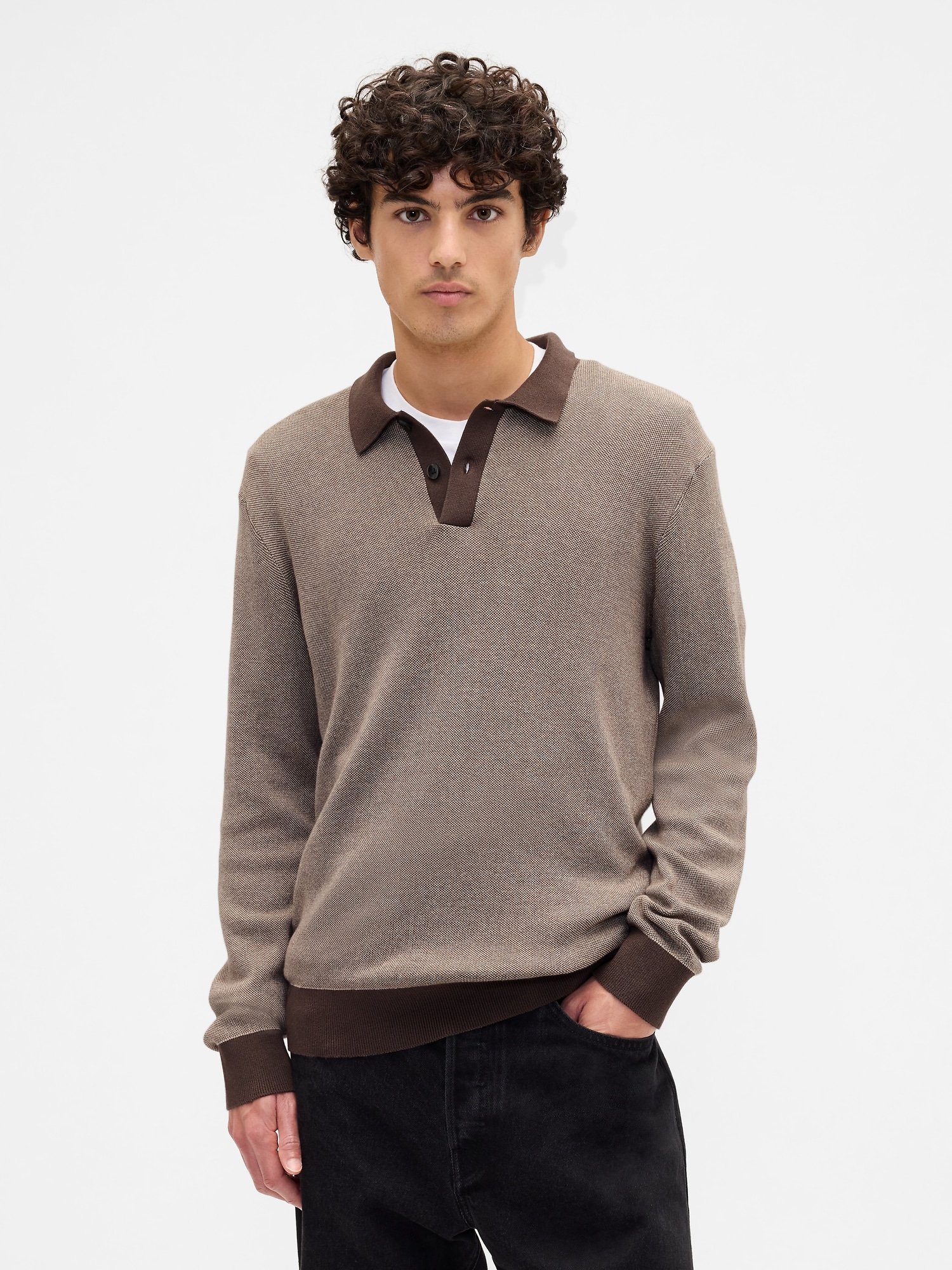 Relaxed Textured Polo Sweater Shirt - New Brown