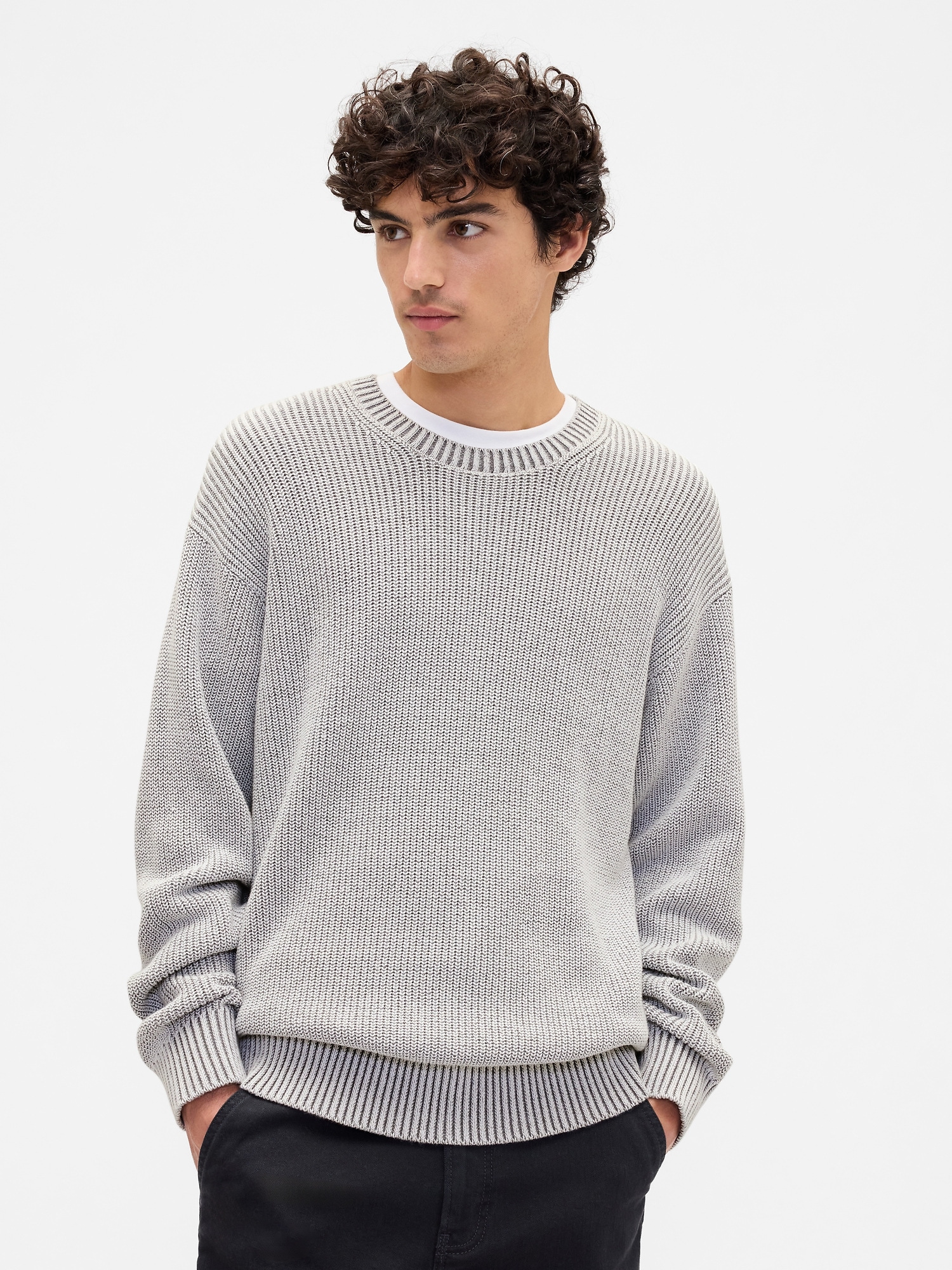 Relaxed Plaited Crewneck Sweater - Light Grey