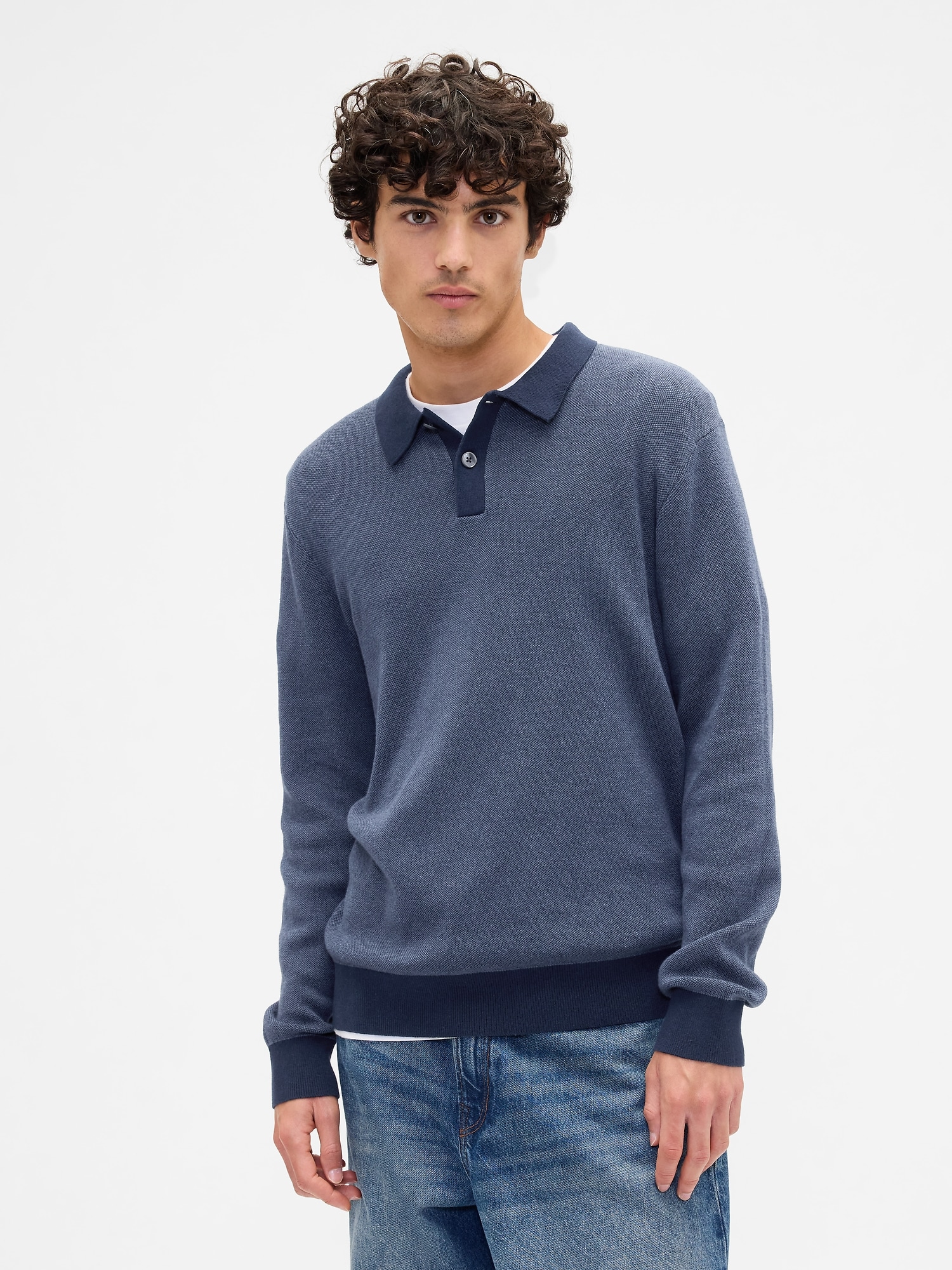 Relaxed Textured Polo Sweater Shirt - Tapestry Navy