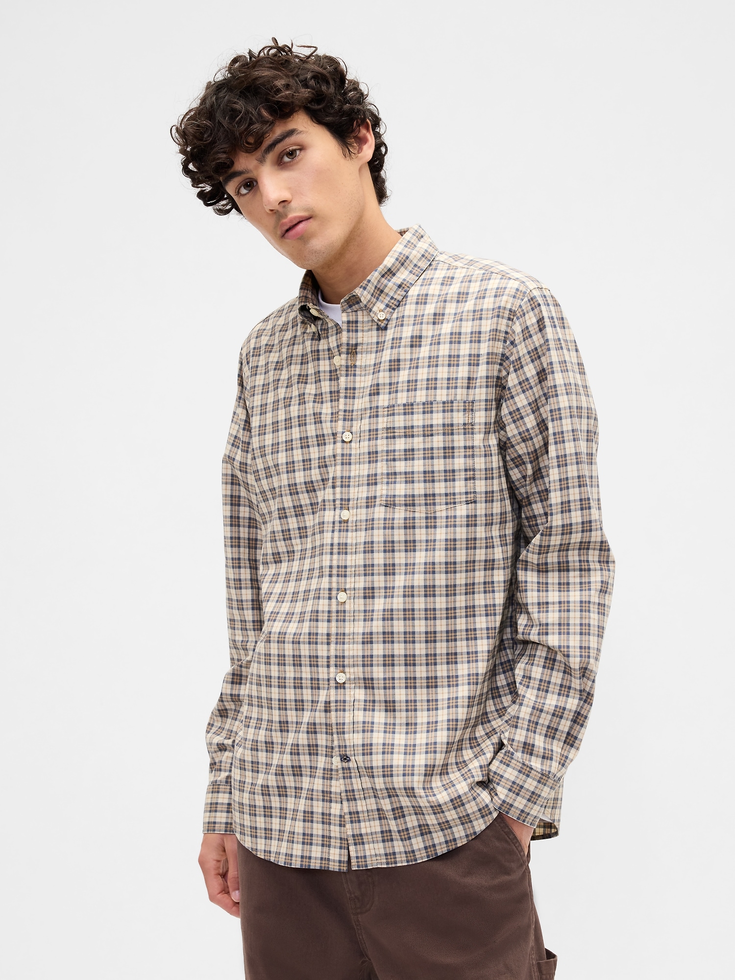 Stretch Poplin Shirt in Standard Fit - Khaki Plaid