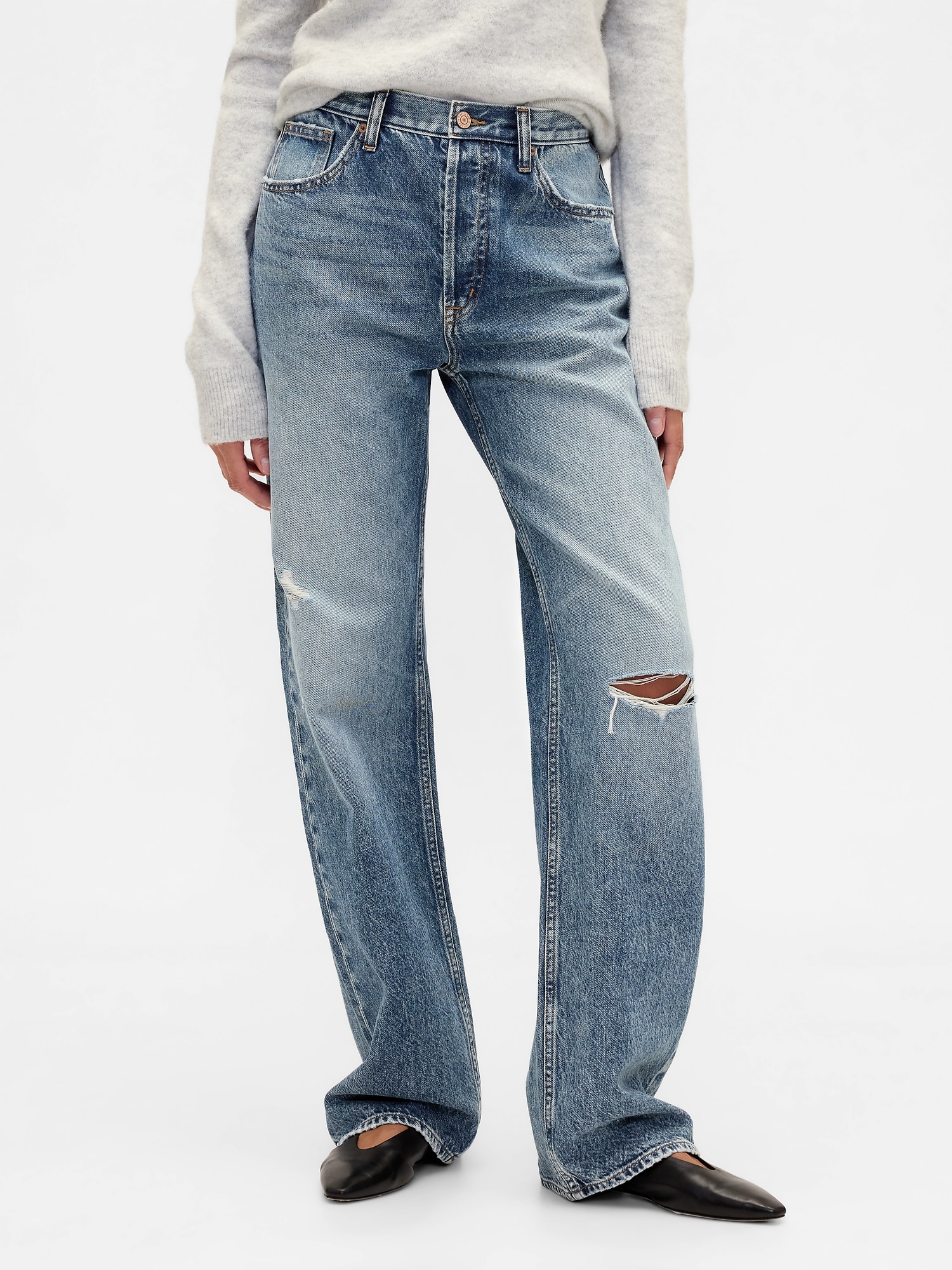 Gap Factory Mid Rise Destructed Relaxed Straight Jeans In Blue