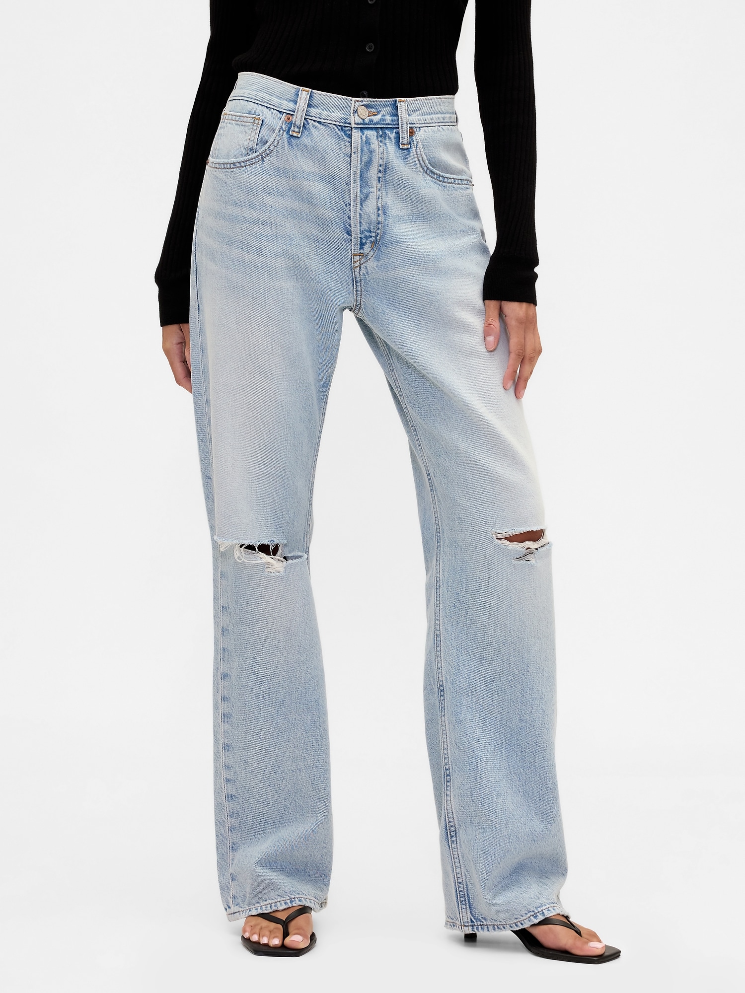 Gap Factory Mid Rise Destructed Relaxed Straight Jeans In White
