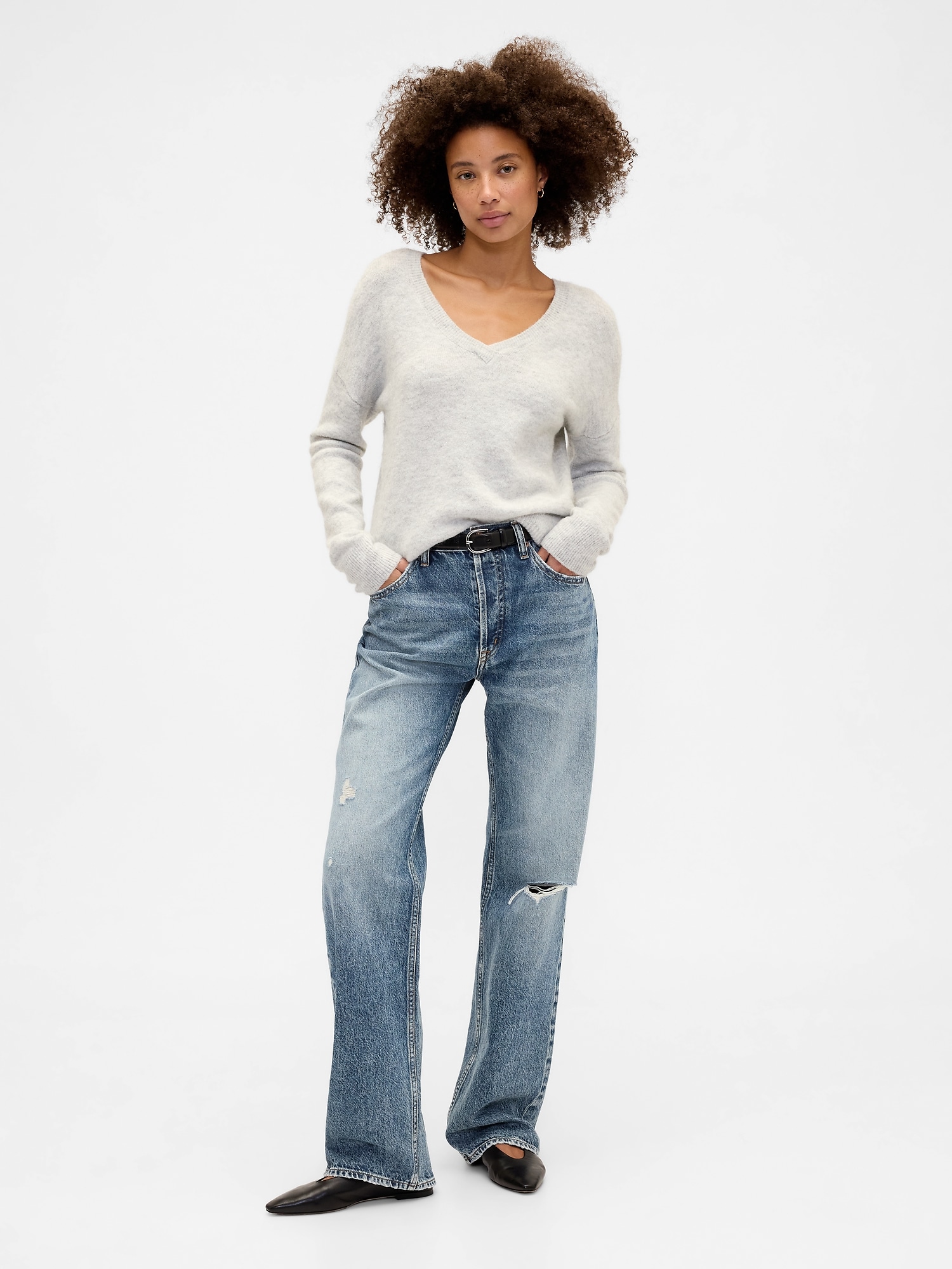 Gap Factory Mid Rise Destructed Relaxed Straight Jeans In Blue