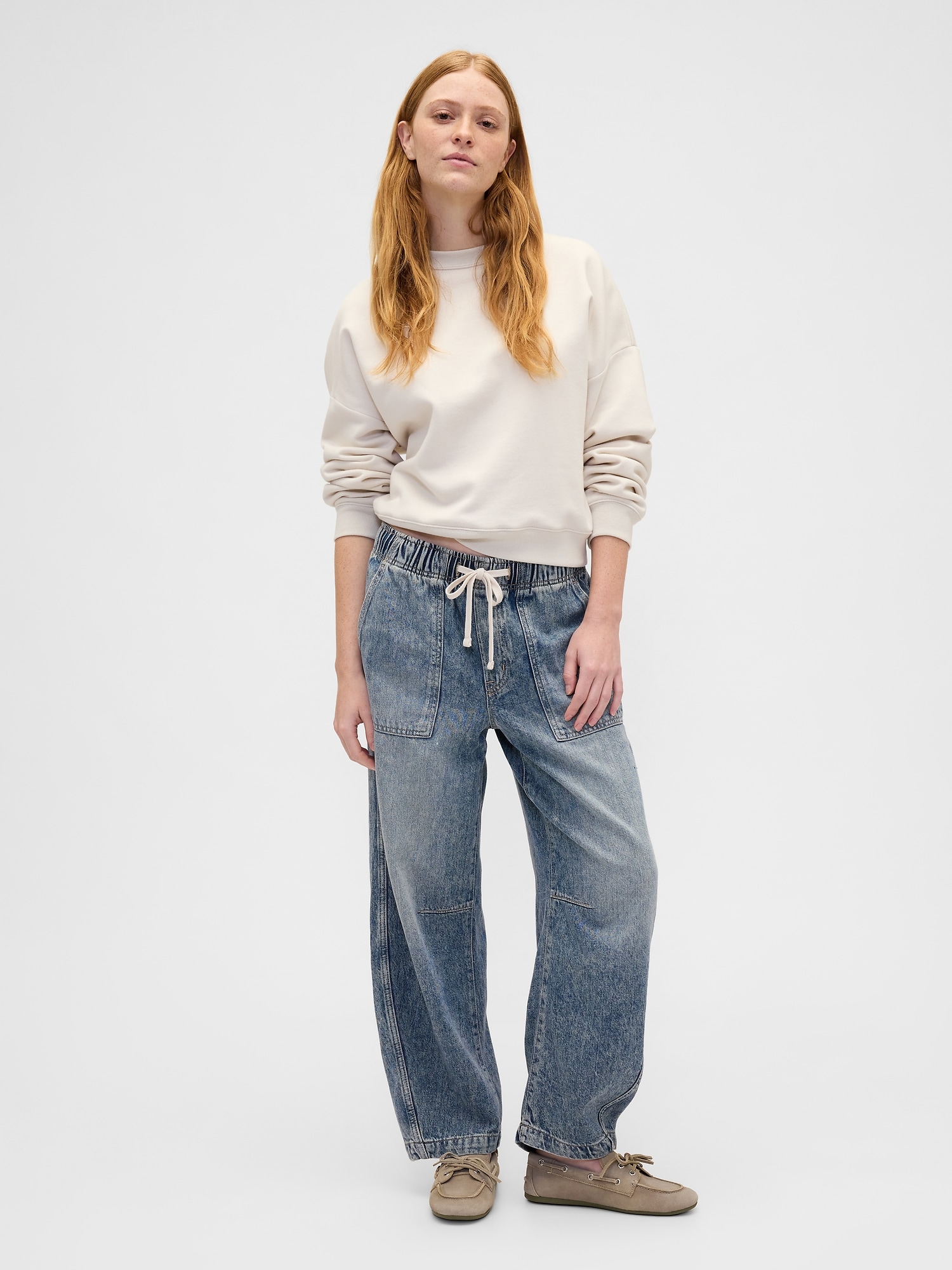 Mid Rise SuperSoft Pull-On Barrel Jeans - Light Wash