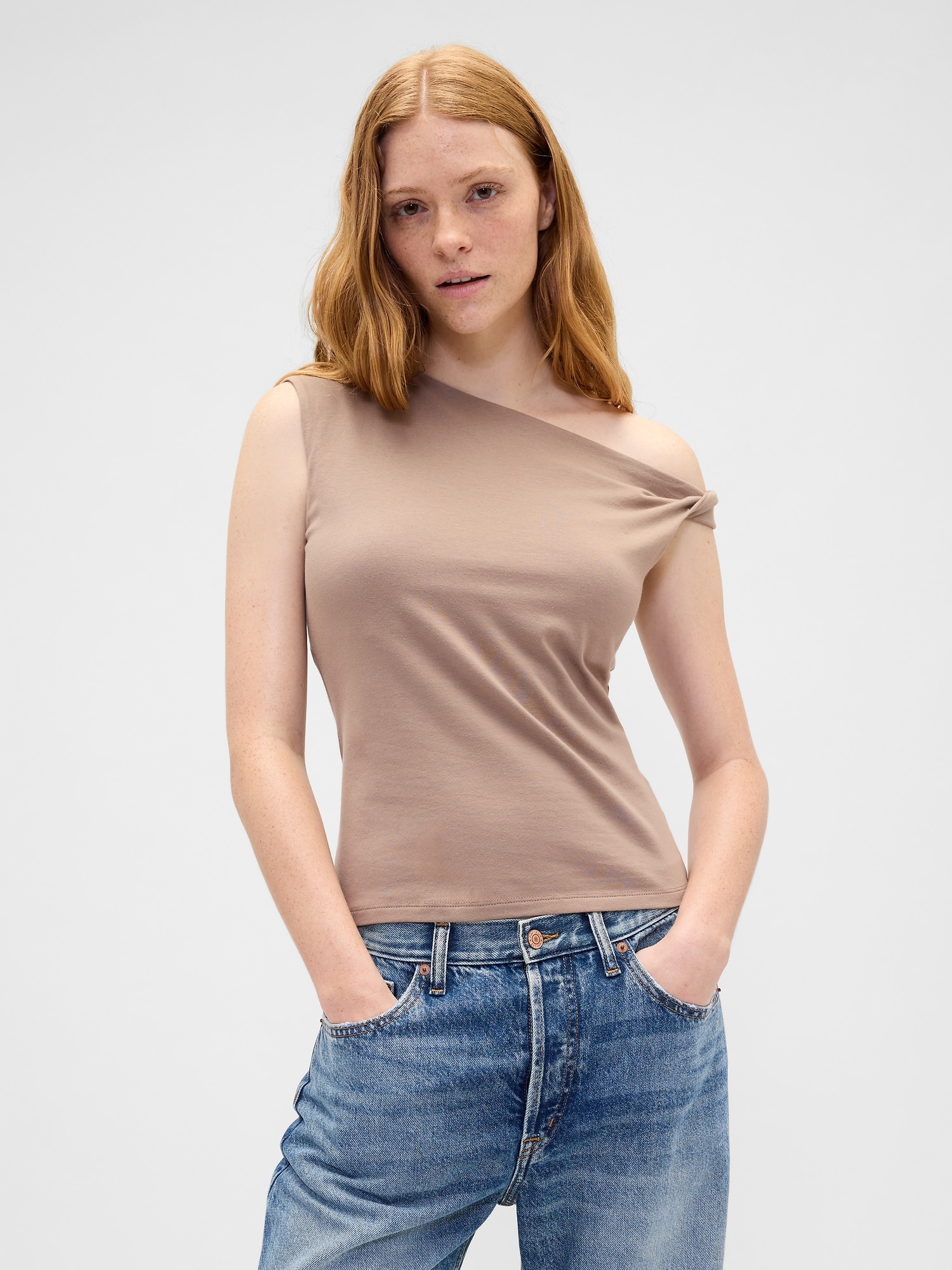 Stretch Jersey One-Shoulder Top - Mountain Trail