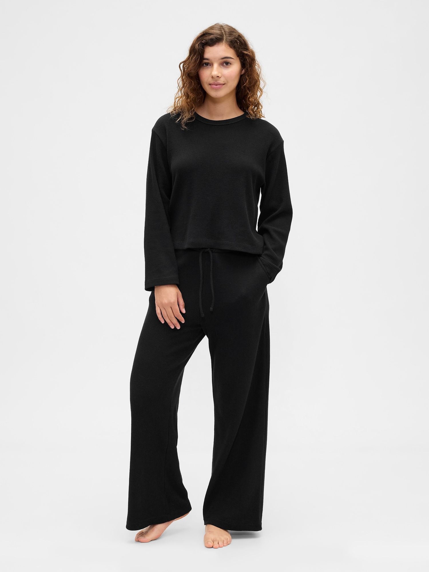 Waffle-Knit Wide-Leg PJ Pants - Black