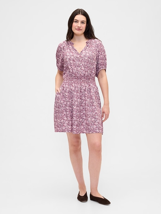 Image number 4 showing, Relaxed Smocked Splitneck Mini Dress