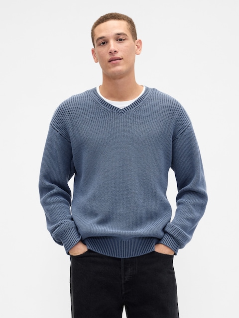 Relaxed Ribbed V-Neck Sweater