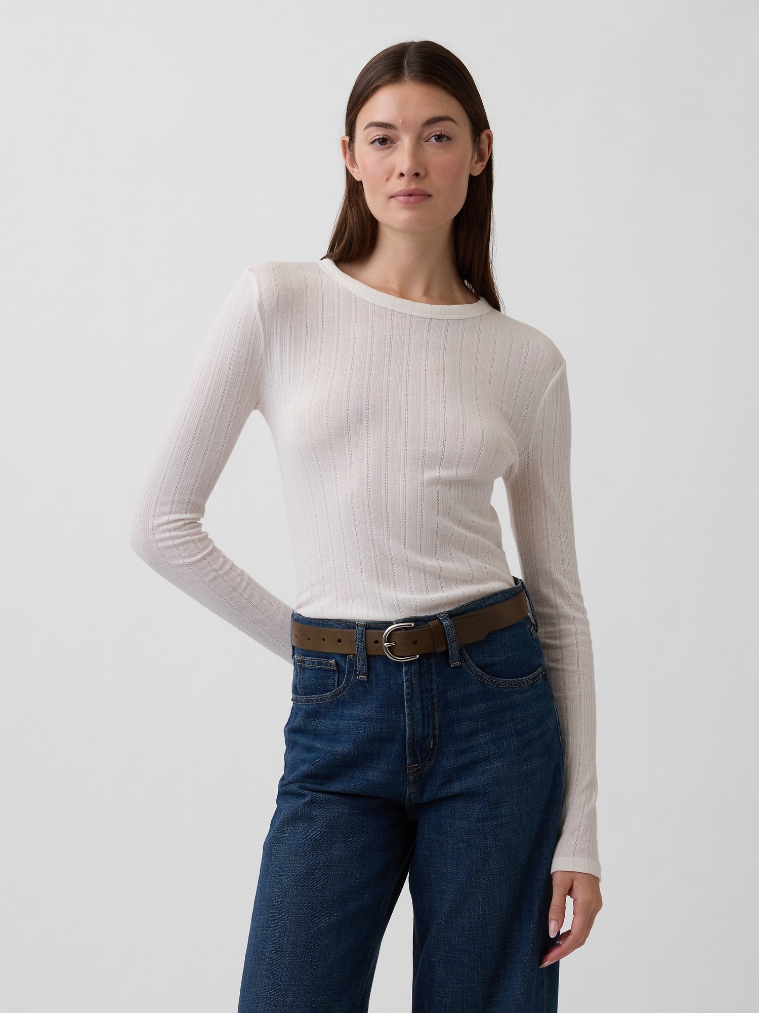 Ribbed Pointelle Crewneck T-Shirt