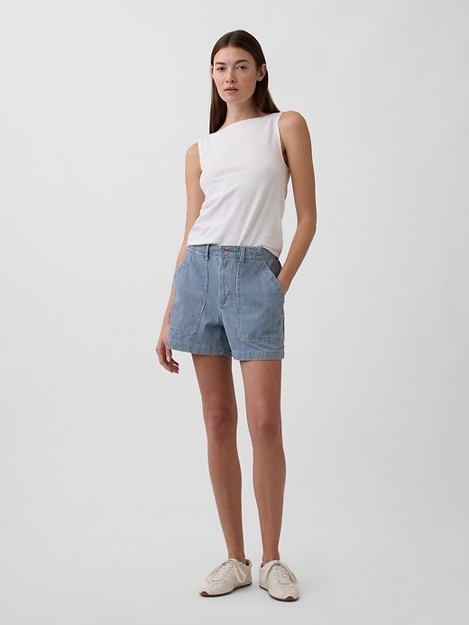 Image number 1 showing, 4" Mid Rise Stripe Denim Utility Shorts