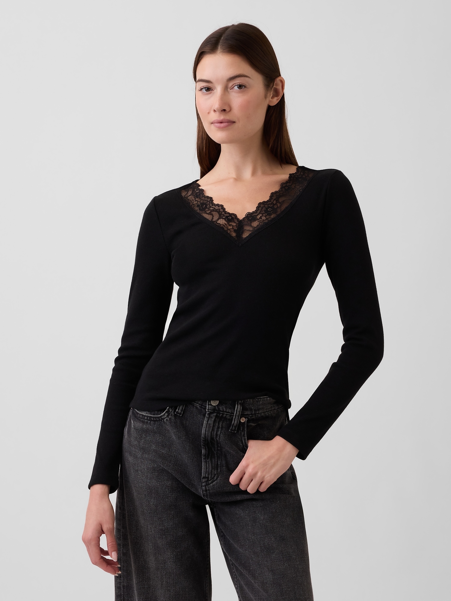 Ribbed Lace-Trim Top