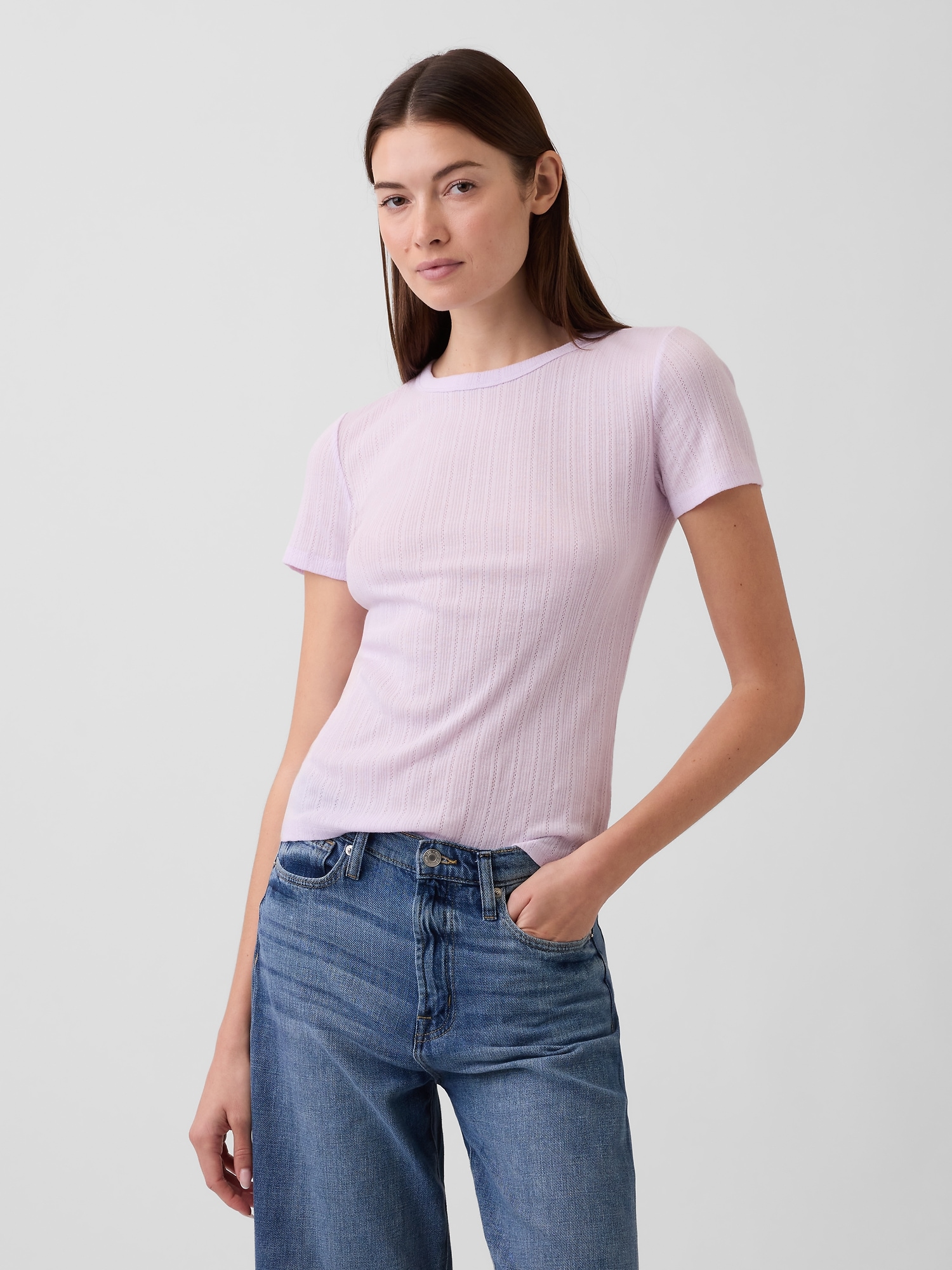 Ribbed Pointelle Crewneck T-Shirt