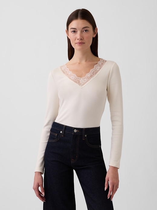 Image number 1 showing, Ribbed Lace-Trim Top