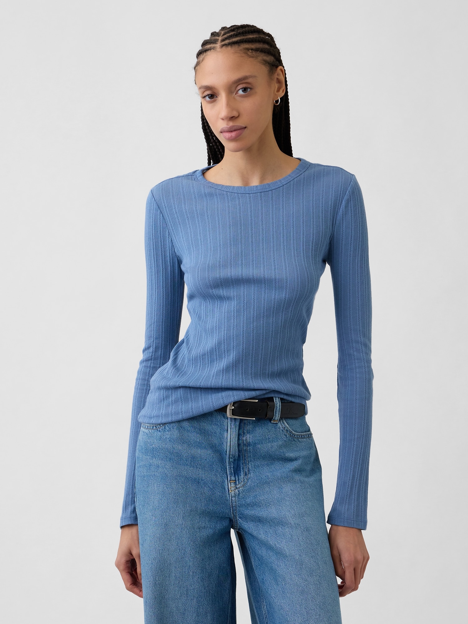 Ribbed Pointelle Crewneck T-Shirt