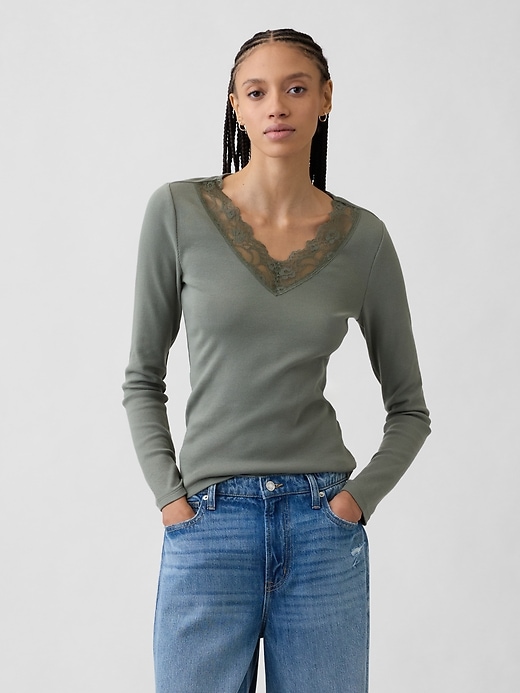 Image number 1 showing, Ribbed Lace-Trim Top