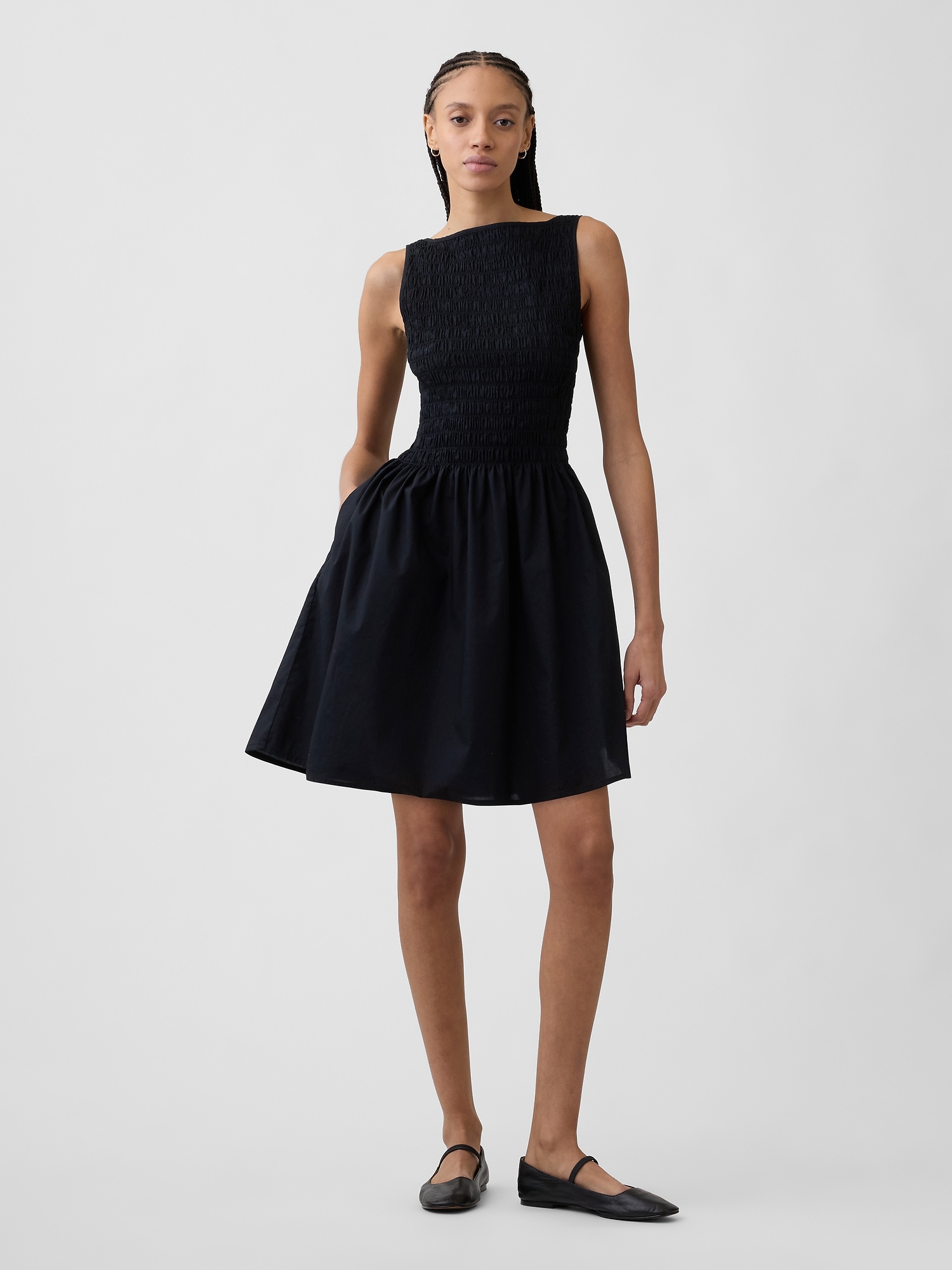 Smocked Boatneck Mini Dress