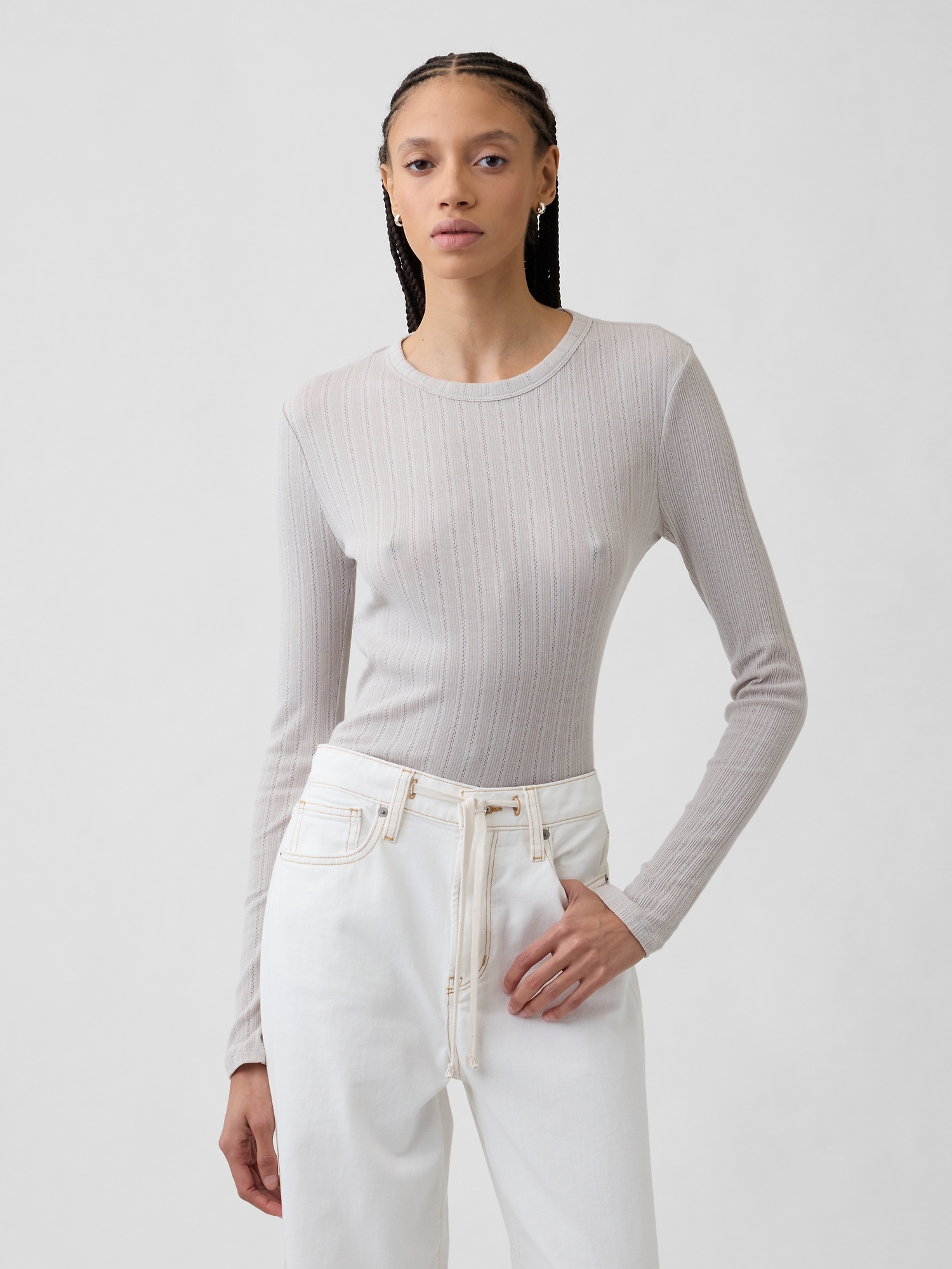 Ribbed Pointelle Crewneck T-Shirt
