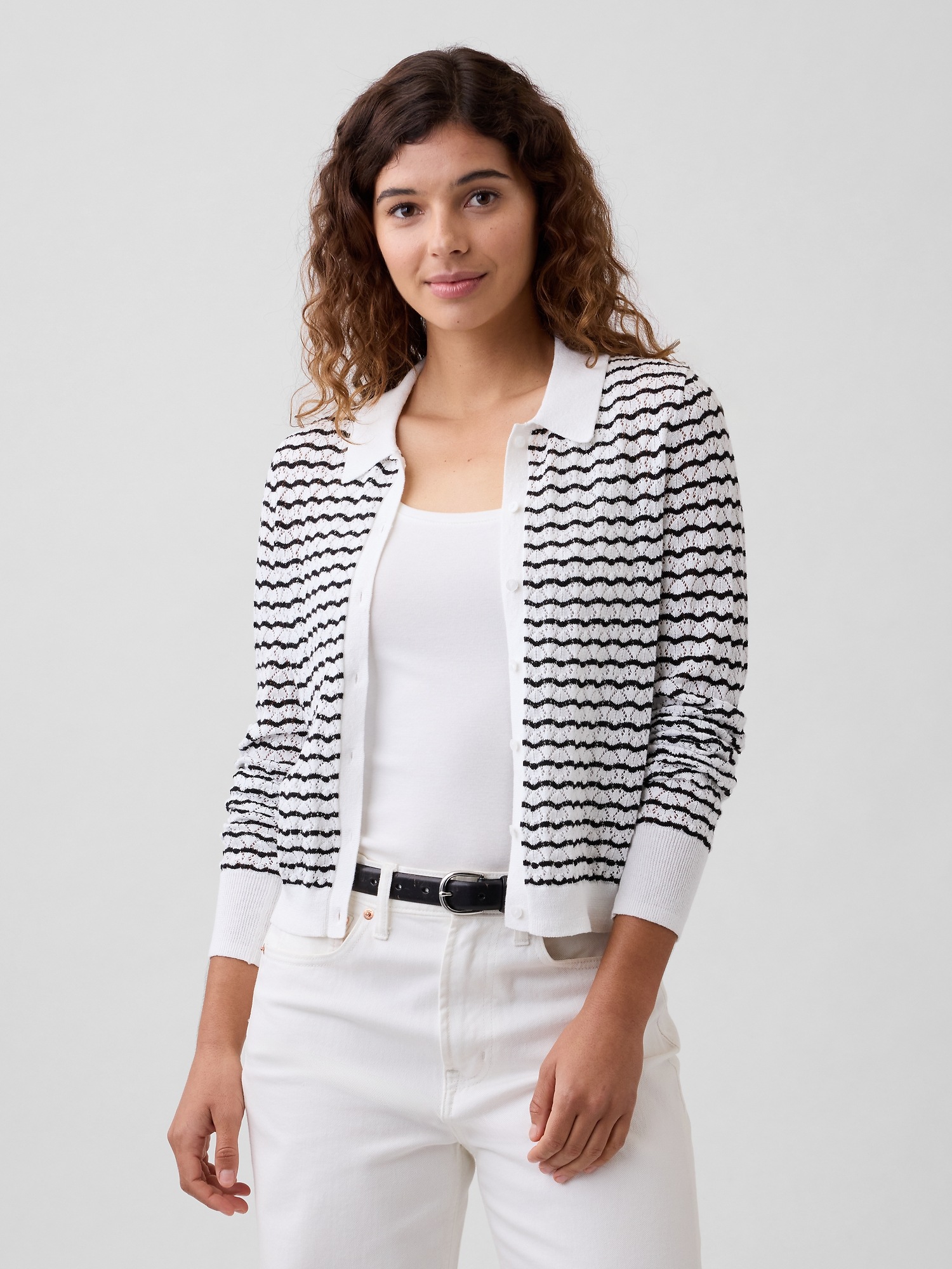 Lace-Stitch Collared Cardigan