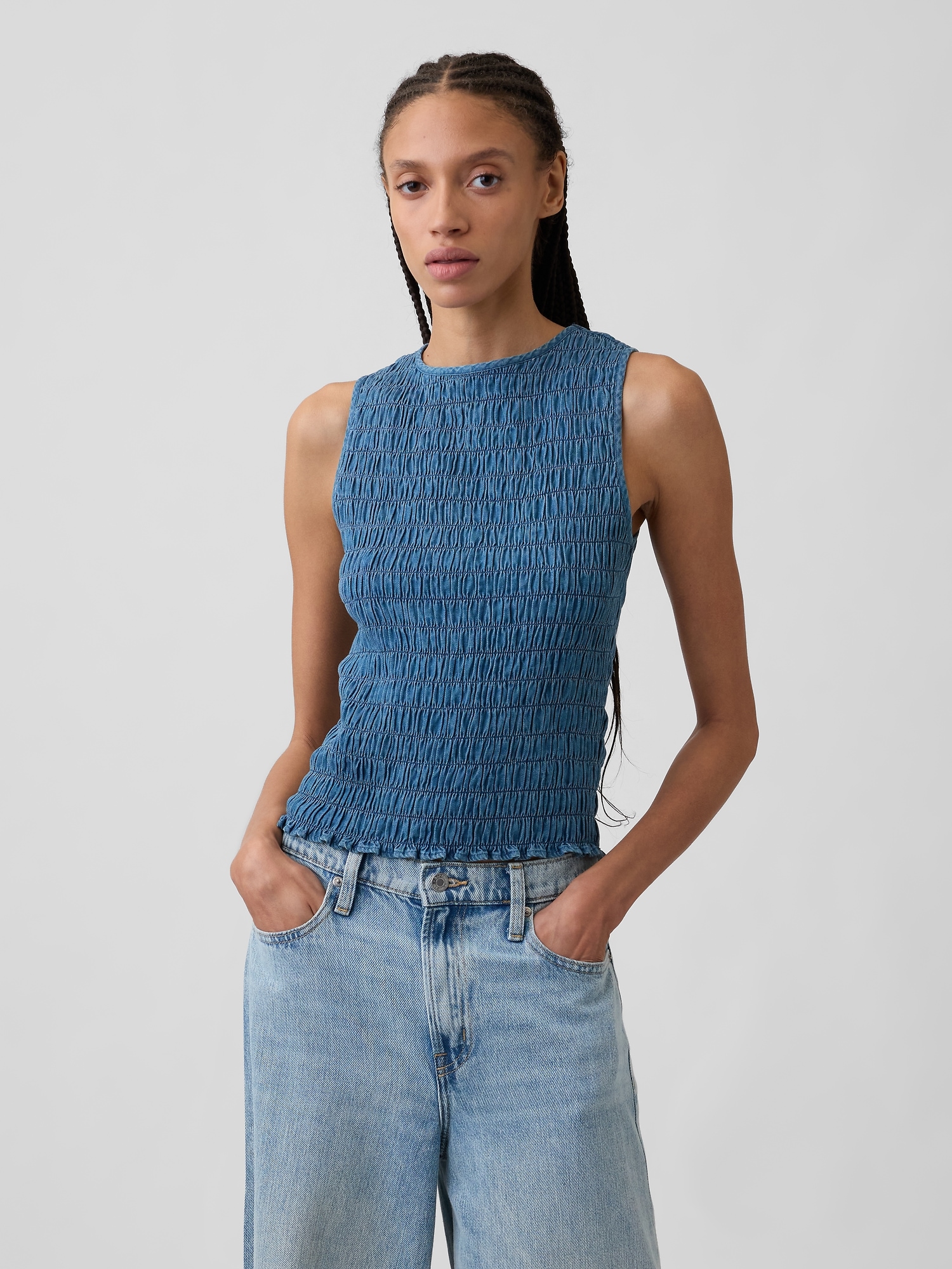 Smocked Sleeveless Boatneck Top